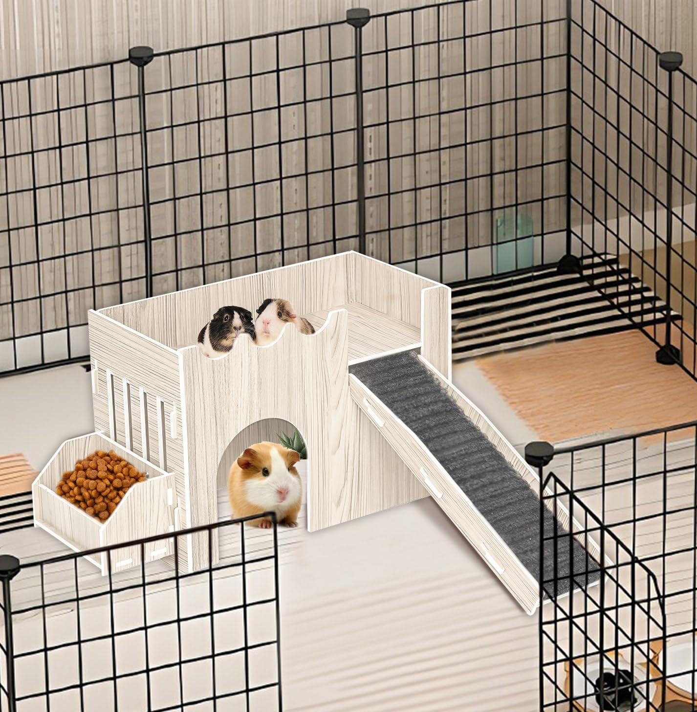 Wooden Guinea Pig Castle, Guinea Pig Houses and Hideouts with Feeding Basin, Rabbit Castle for Indoor Bunnies (Beige Color) image number 4