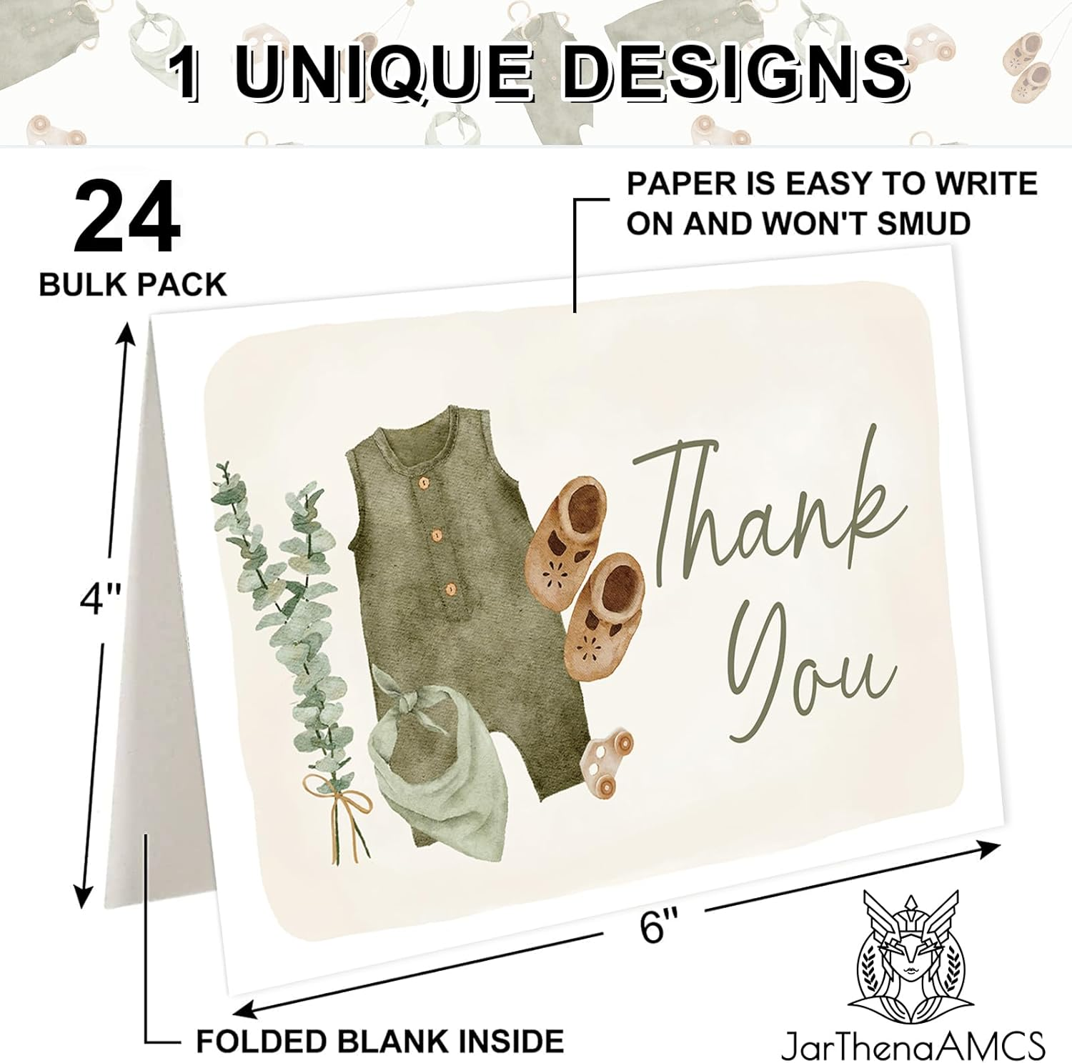 24 Pack Baby Shower Thank You Cards Green Baby Cloth Note Cards with Envelopes Stickers Greeting Blank Card for Boy Birthday Baby Shower image number 3