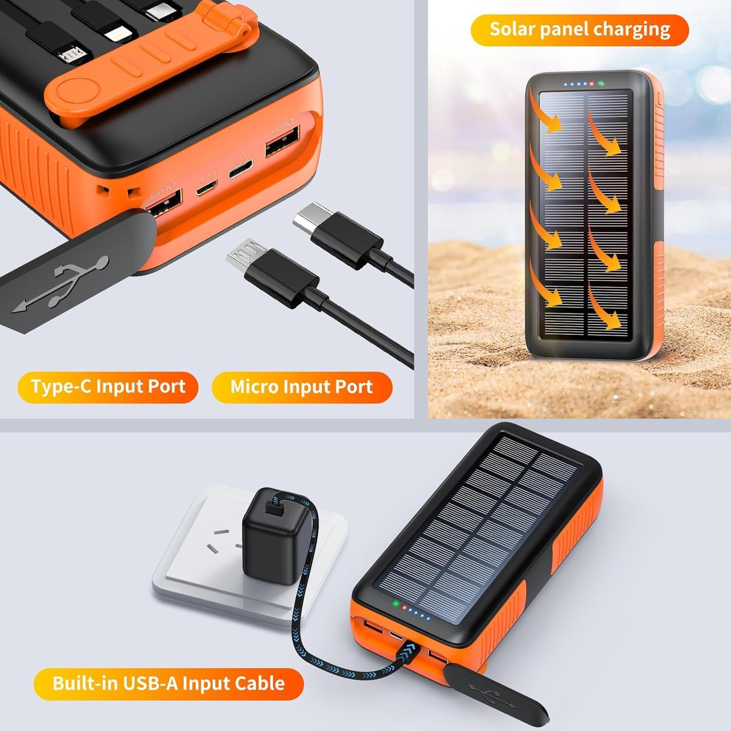 63200Mah Solar Power Bank, Portable Charger with Dual Outputs & Dual Inputs 4 Leds Flashlight, Fast Charging,Hand Crank Solar Panel Charger Battery Pac image number 5