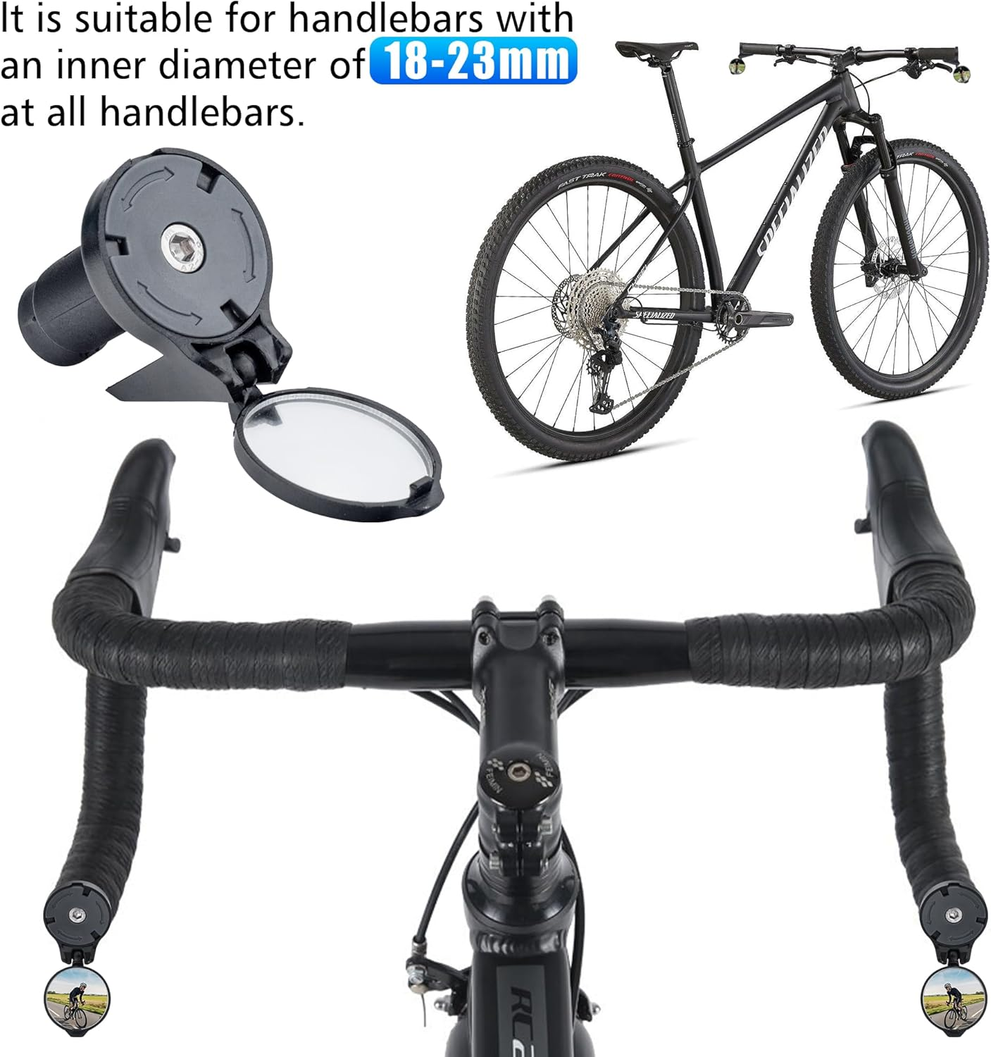 Road Bike Drop Bar Rearview Mirror 2 Pack - Adjustable HD Convex Glass Rear View Mirror for Road Bicycle Mountain Bike Handlebar End