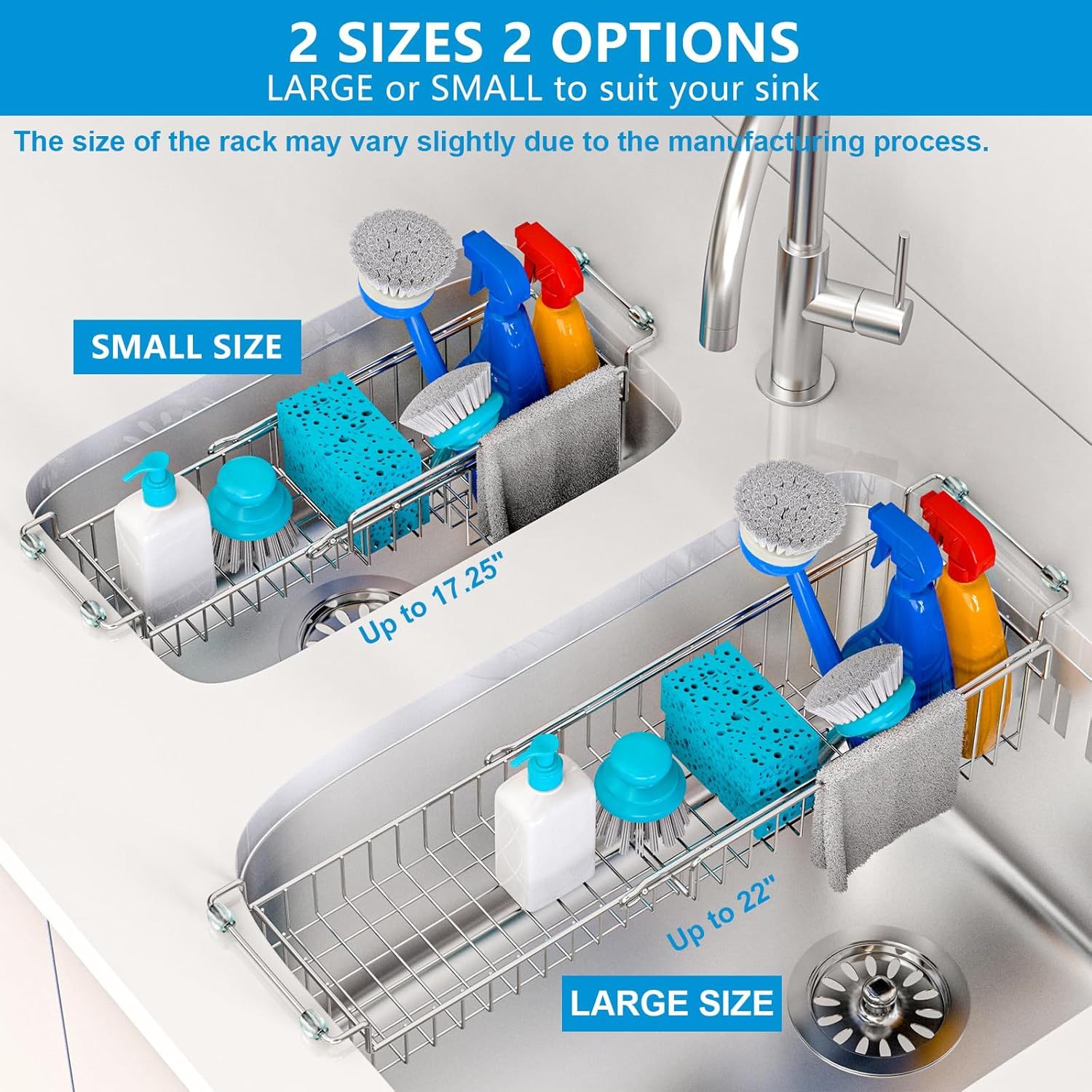 Favothings over the Kitchen Sink Caddy Sponge Holder Organizer Drying Rack Expandable for Sponge Brush Soap Dish Cloth Rag, Stainless Steel (12.25" to 17.25") image number 1