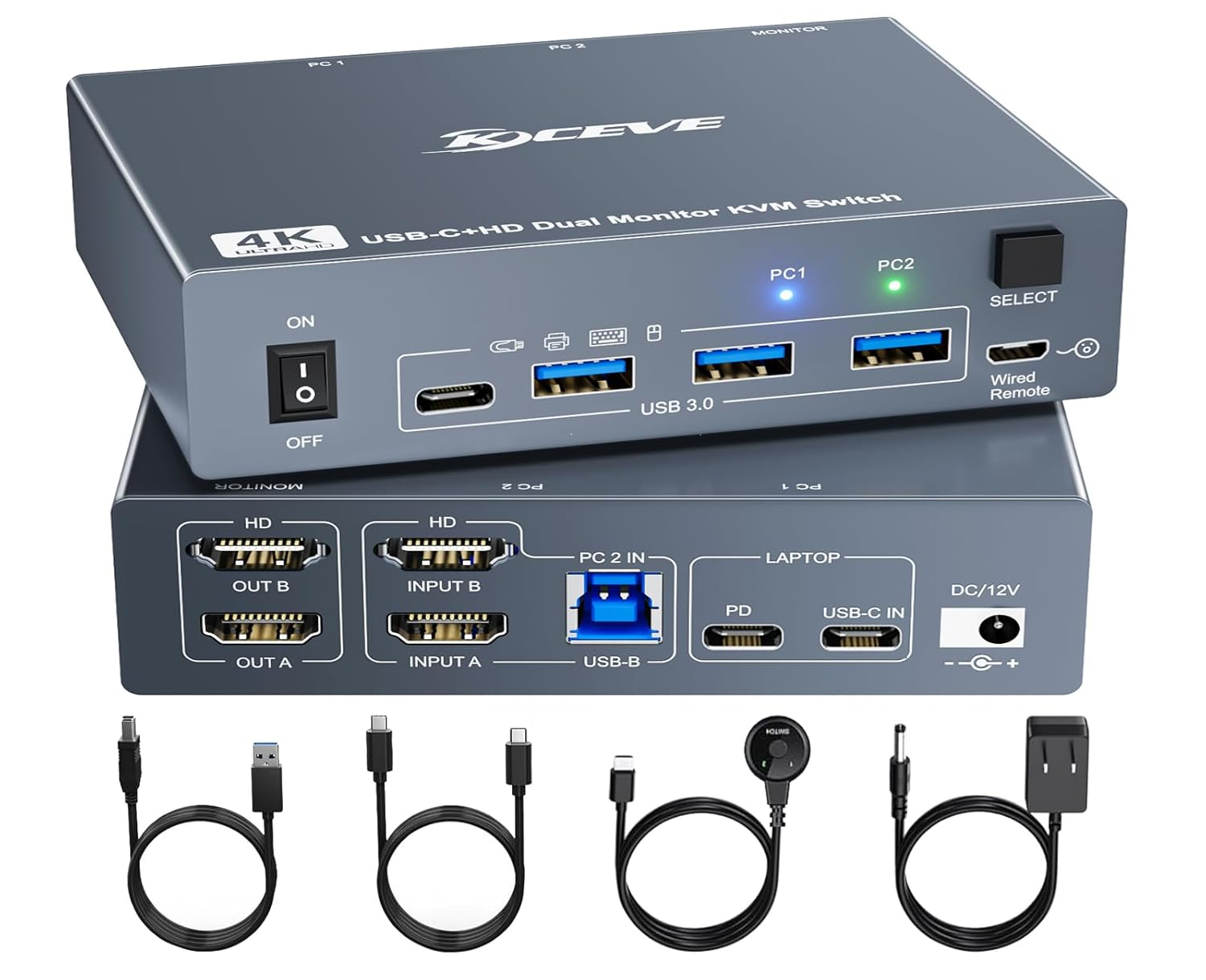 USB C + HDMI KVM Switch 2 Monitors 1 Laptop 1 Desktop 4K@60Hz, USB C Docking KVM Switch Share 2 Monitor and 4 USB 3.0 Devices, 80W PD for Laptop, Cables,Wired Remote and Power Adapter Included