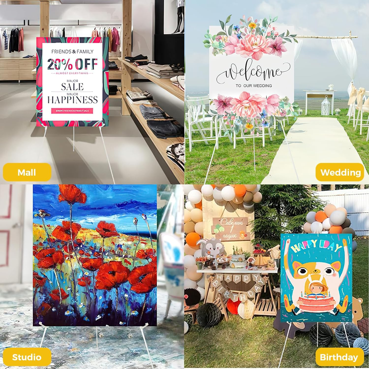 Easel Stand, Instant Floor Poster, Lightweight, 63'' Foldable Artist Easel for Wedding Banner, Painting Canvas, Poster, Adjustable Metal Easel with Portable Bag (White) image number 4