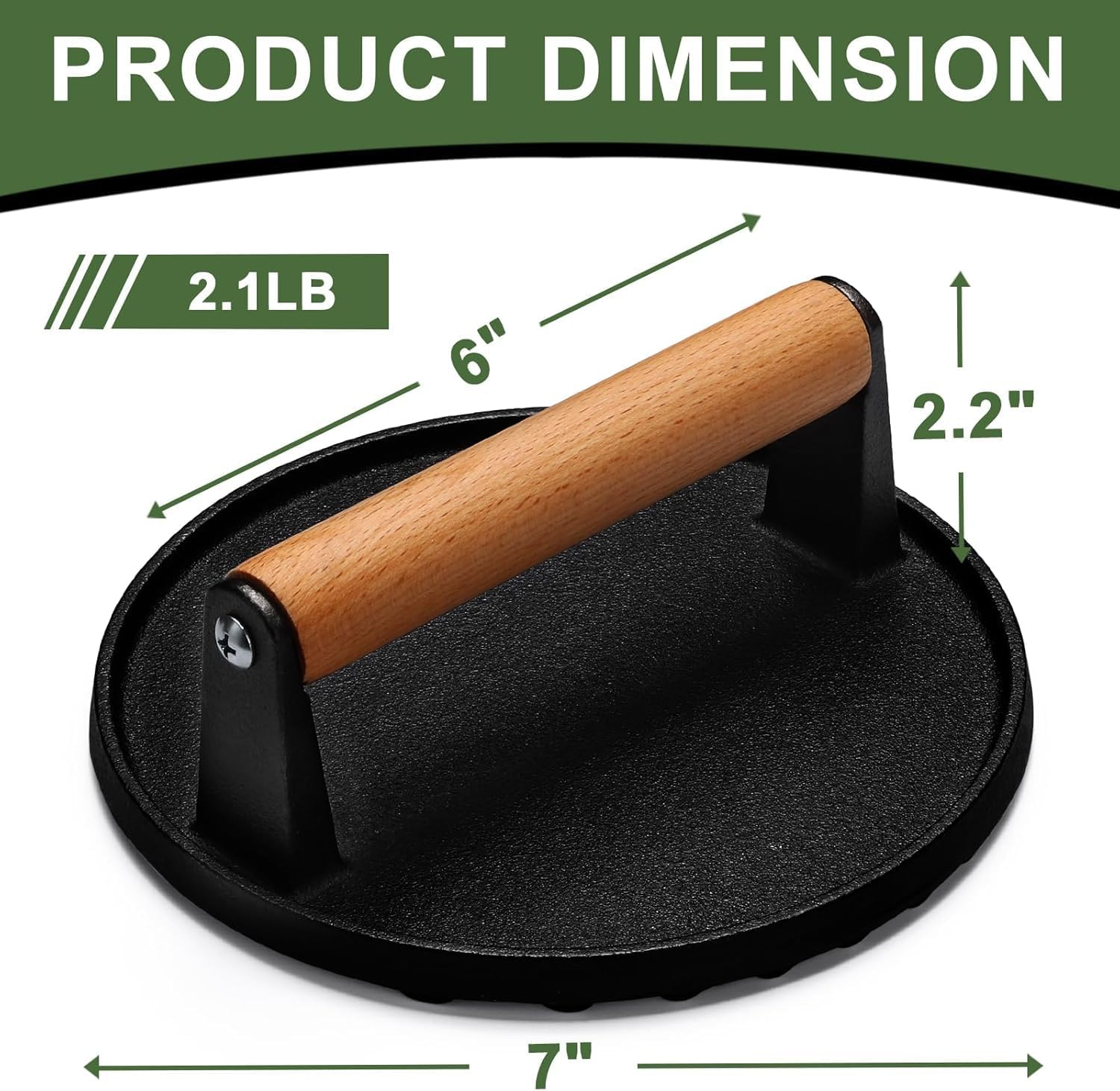WEKUBA Heavy Duty Burger Press &ndash; 7 Inch Cast Iron Bacon & Meat Smasher for Griddle &ndash; Solid Iron Grill Press with Wooden Handle &ndash; Perfect for Smash Burgers, Flat Top Grills, Panini, Sandwiches & More image number 3