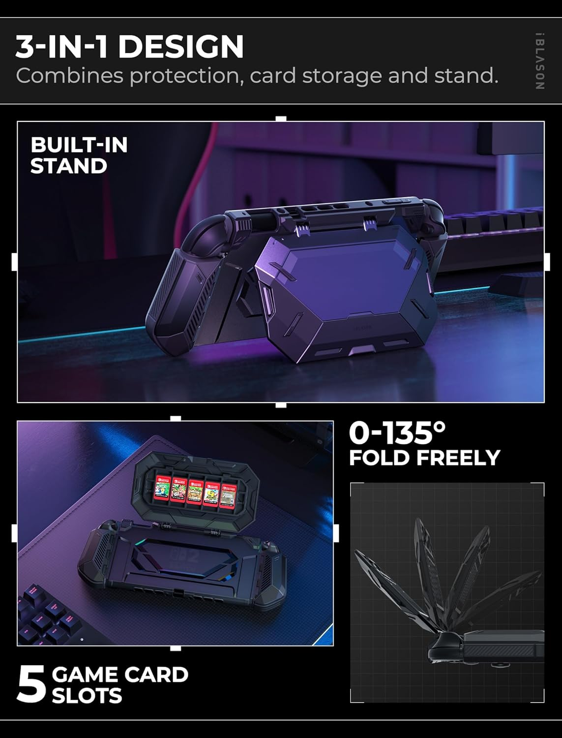 I-Blason for Nintendo Switch 2 Case with Flip Stand Dockable [Foldable Joycon Holder] [Game Card Storage] [Ergonomic Design] Comfortable Grip Uni-Body Protective Bumper Cover for Switch 2 2025, Black (Black) image number 5