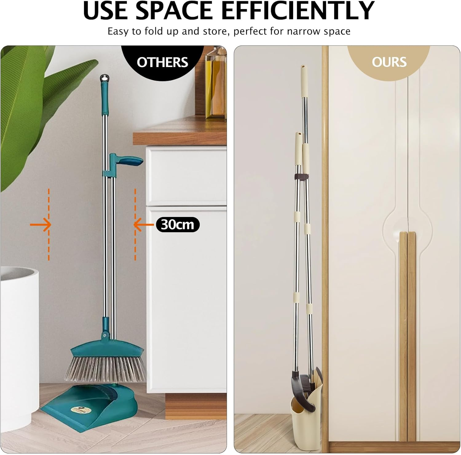 XXFLOWER Long Handle Dustpan and Brush Sets, Broom and Dustpan Set with Comb Teeth, Sweeping Brush Set for Indoor Kitchen Lobby Office Sweeping Pet Dog Hair, Household Cleaning Supplies (Brown Beige) image number 5