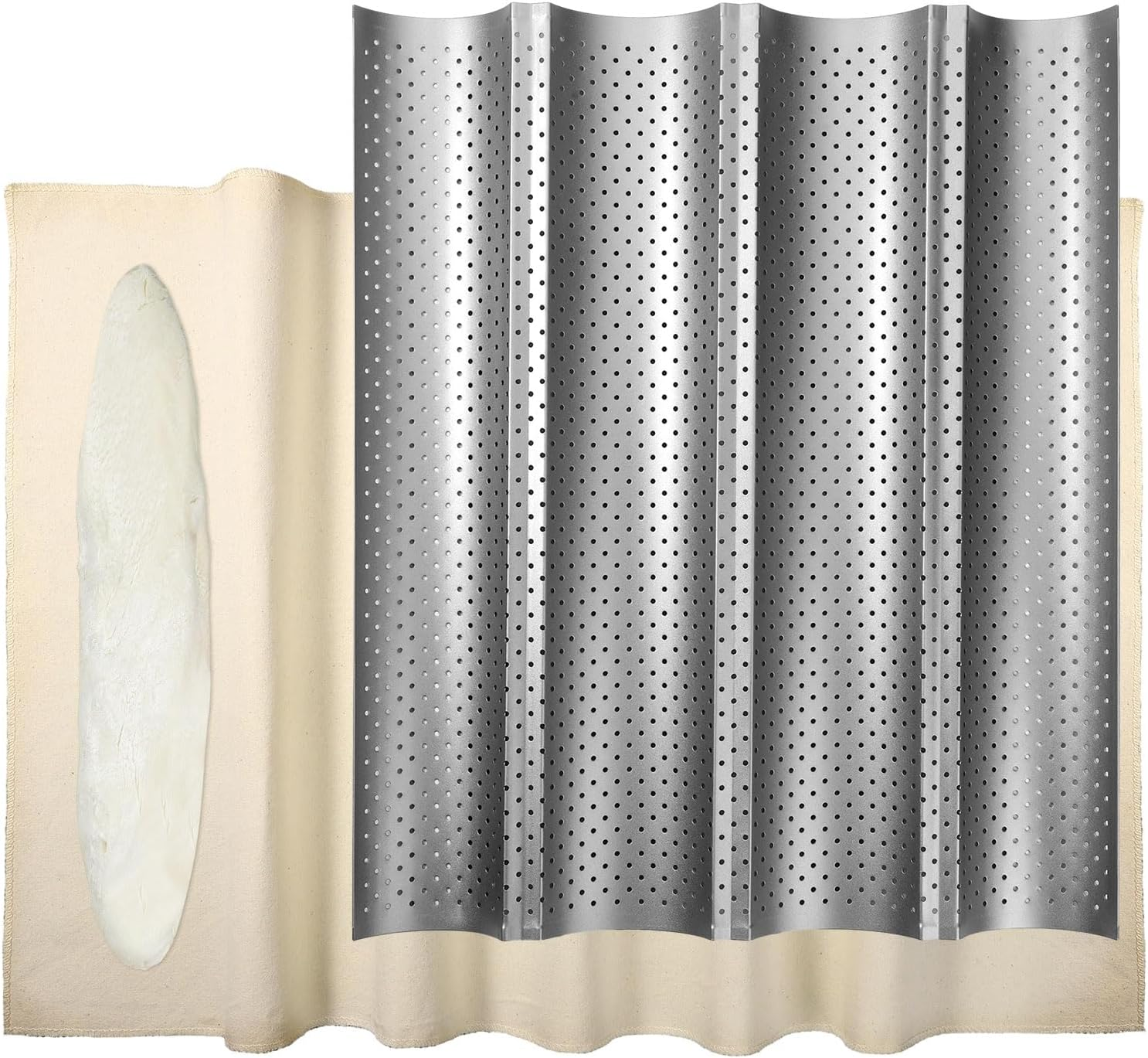 Lasuroa French Bread Baking Pan with Professional Proofing Cloth, 4 Loaves Baguette Bread Pan Long Sourdough Bread Baking Tray Perforated French Bread Pan for Professional & Home Baker image number 1