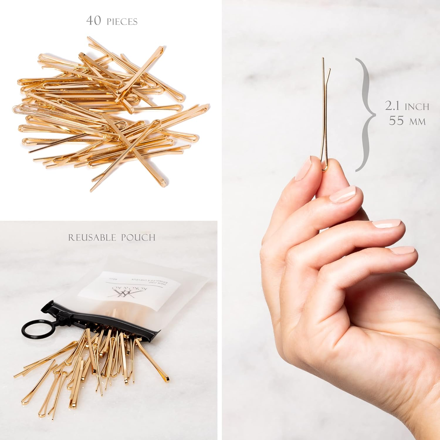 KOKO & KO Gold Bobby Pins | 40 Pcs | | Gold Hair Pins | Hair Pins | Flat Bobby Pins | Blonde Bobby Pins | Styling Hair Jewelry | 2 Inch | 55 Mm image number 4
