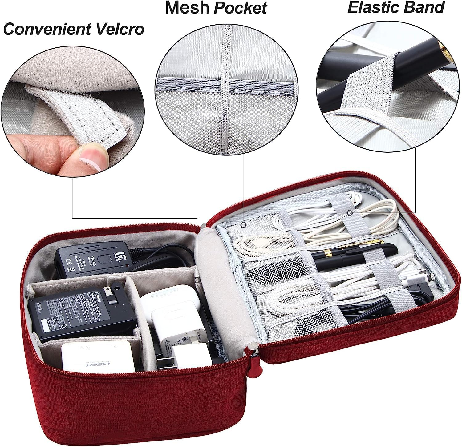 AUMA Travel Cables Organiser Carrying Case for Power Cords Phone Battery Chargers Earbuds Hard Drives Memory Cards Adapter Mouse Small Electronic Accessories -Wine Red - Grey image number 2