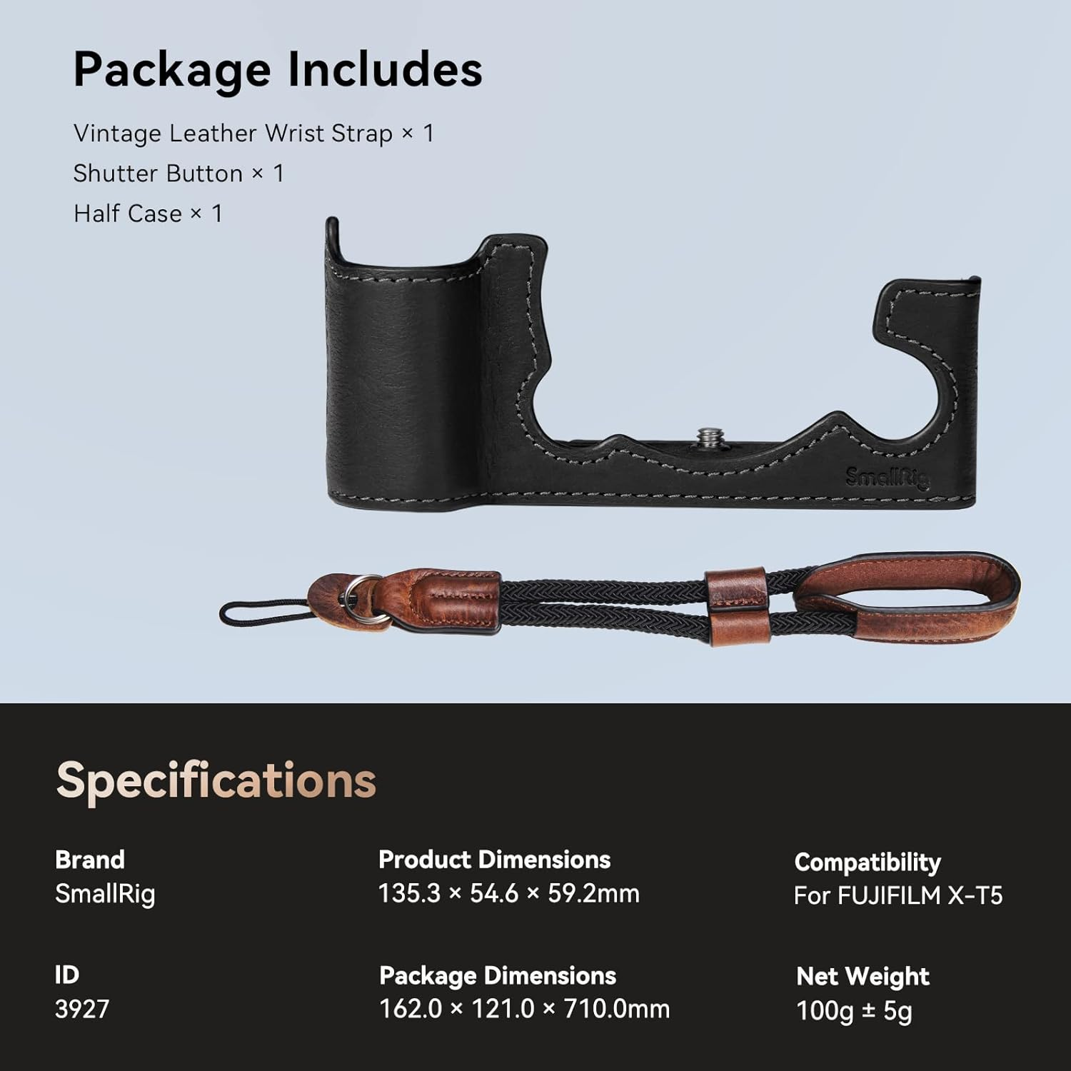 Smallrig X-T5 Half Case with Wrist Strap and Shutter Button, Retro Style Brown Leather Camera Case with Aluminum Baseplate for FUJIFILM X-T5-3927 image number 2