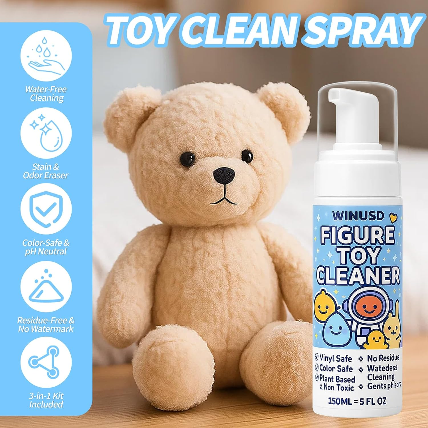 Figure & Plush Toy Cleaner - 5Oz Foam Spray for Stuffed Animals & Soft Dolls with Brush & Cloth | No Rinse, Zero Residue, Color-Safe| Safe for Delicate Fabrics & Pets, for Plush Lovers image number 3