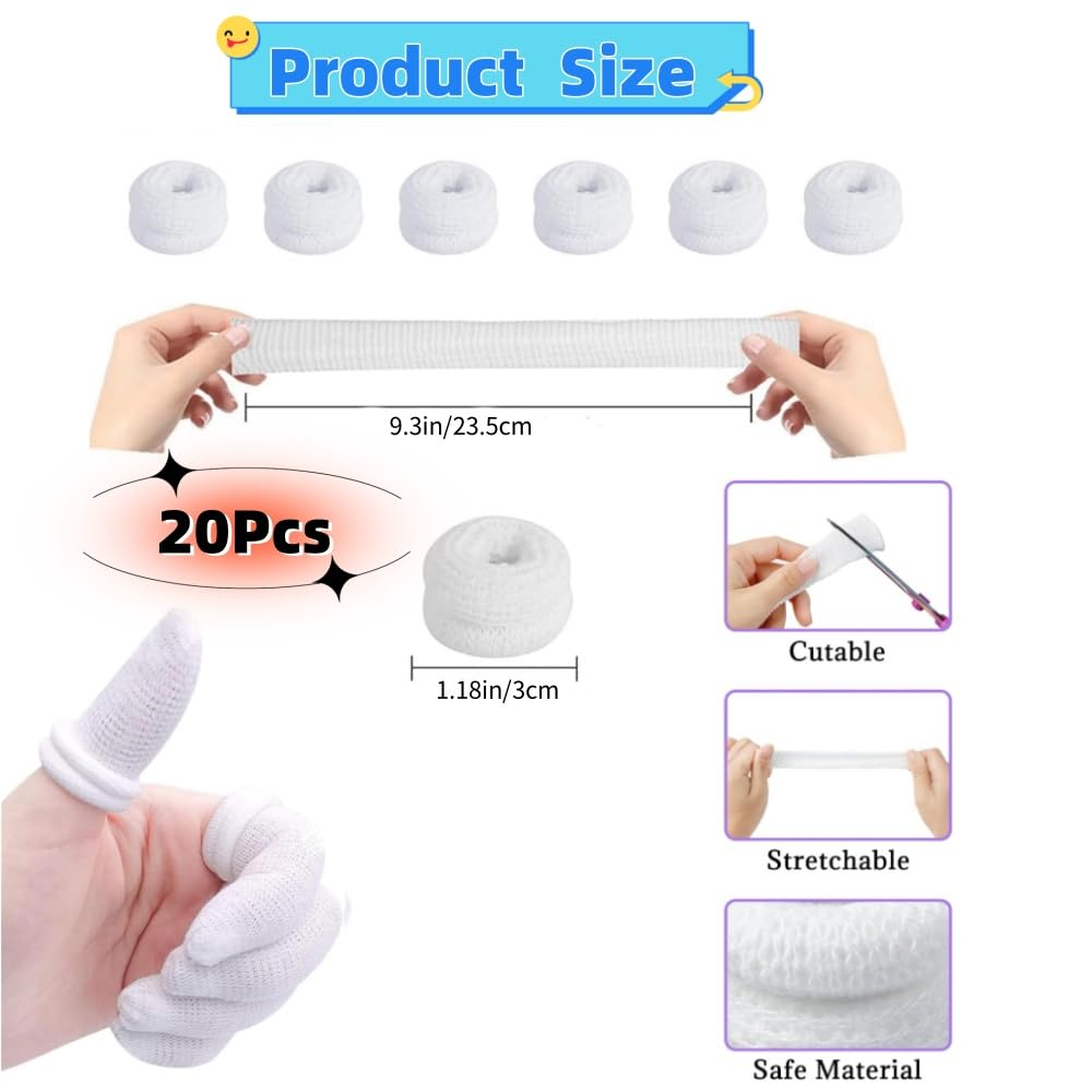 20 Pcs Finger Bandages, Elastic Finger Bandage, Tubular Cotton Finger Protector Finger Cots Reusable Finger Protector First Aid Tubular Bandages Finger Sleeves for Finger Sprains Swelling (White) image number 6