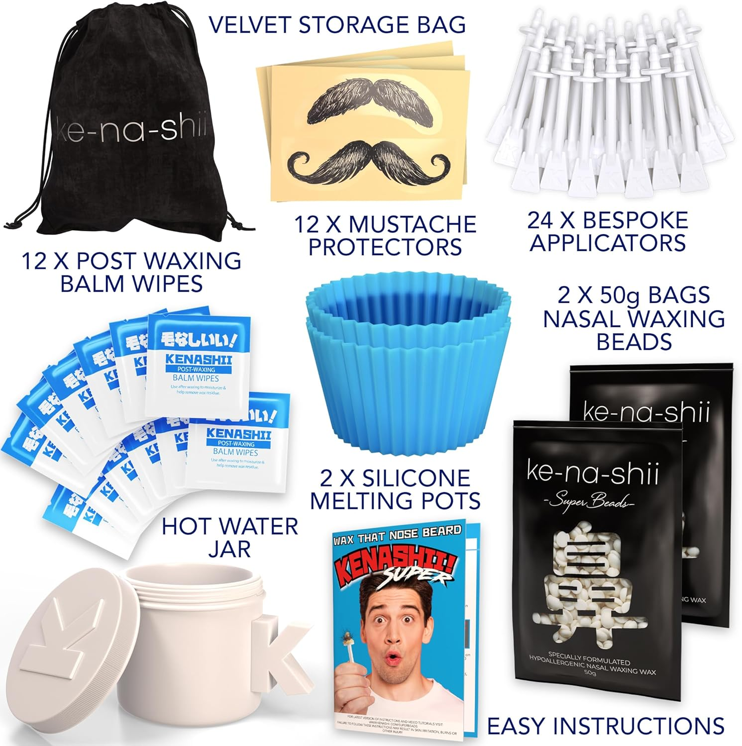 Kenashii Super Nose Wax Kit | 100 G Wax, 24 Applicators | No Microwave Required | New Nose and Ear Hair Removal Kit | Nasal Waxing for Men and Women | 12 X Balm Wipes and Mustache Guards | Storage Bag image number 6