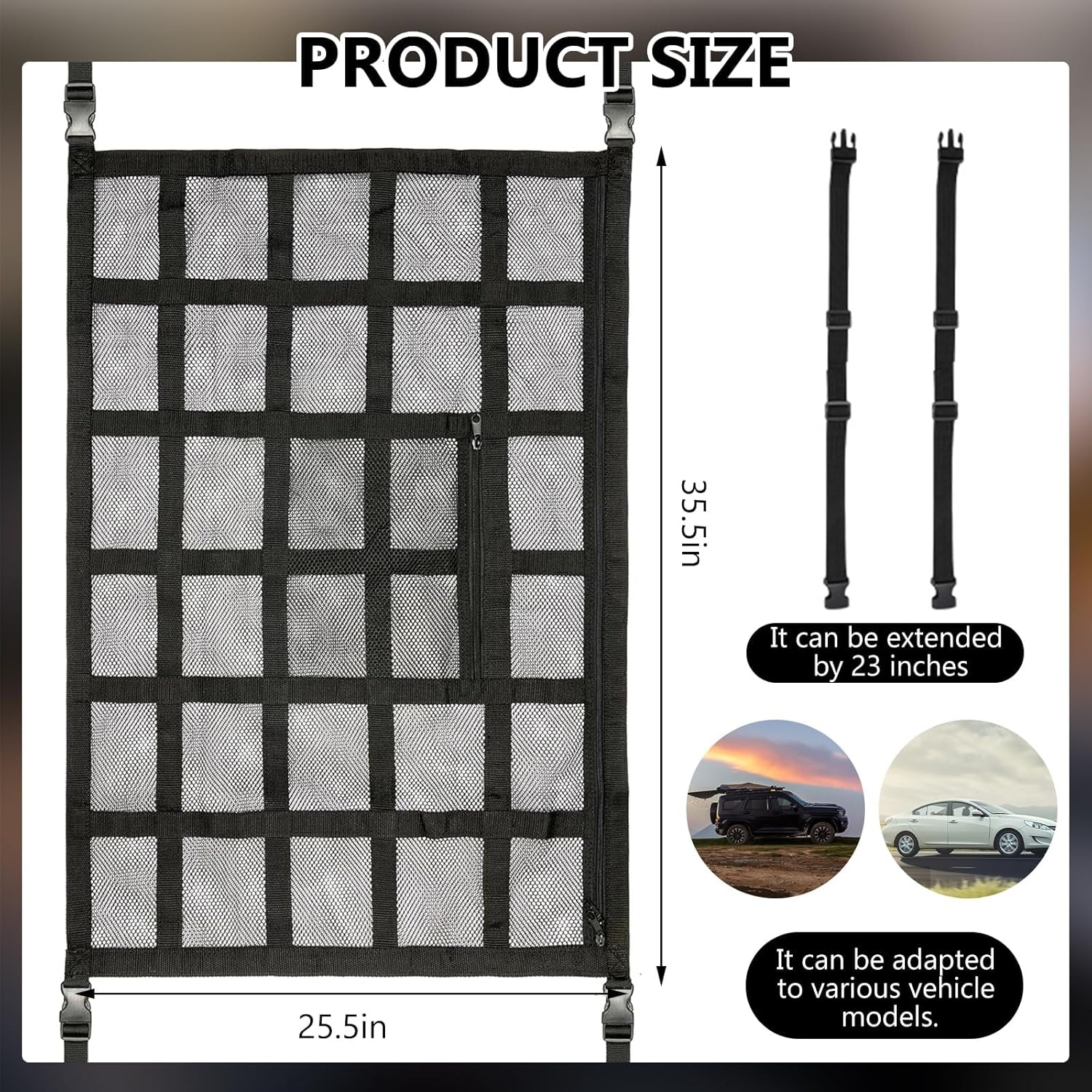 Car Ceiling Cargo Net with 2 Pockets & Adjustable Support Straps, 90&times;65Cm SUV Roof Storage Mesh for Car Camping, Travel & Overlanding Accessories Black image number 4