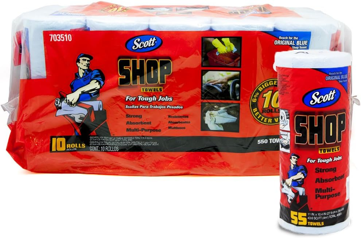 Scott Shop 10-Pack 55 Towels per Roll, 11" X 10.4" Sheet Size, Absorbs Liquids, Oils and Grease, 11 X 10.4 Inches
