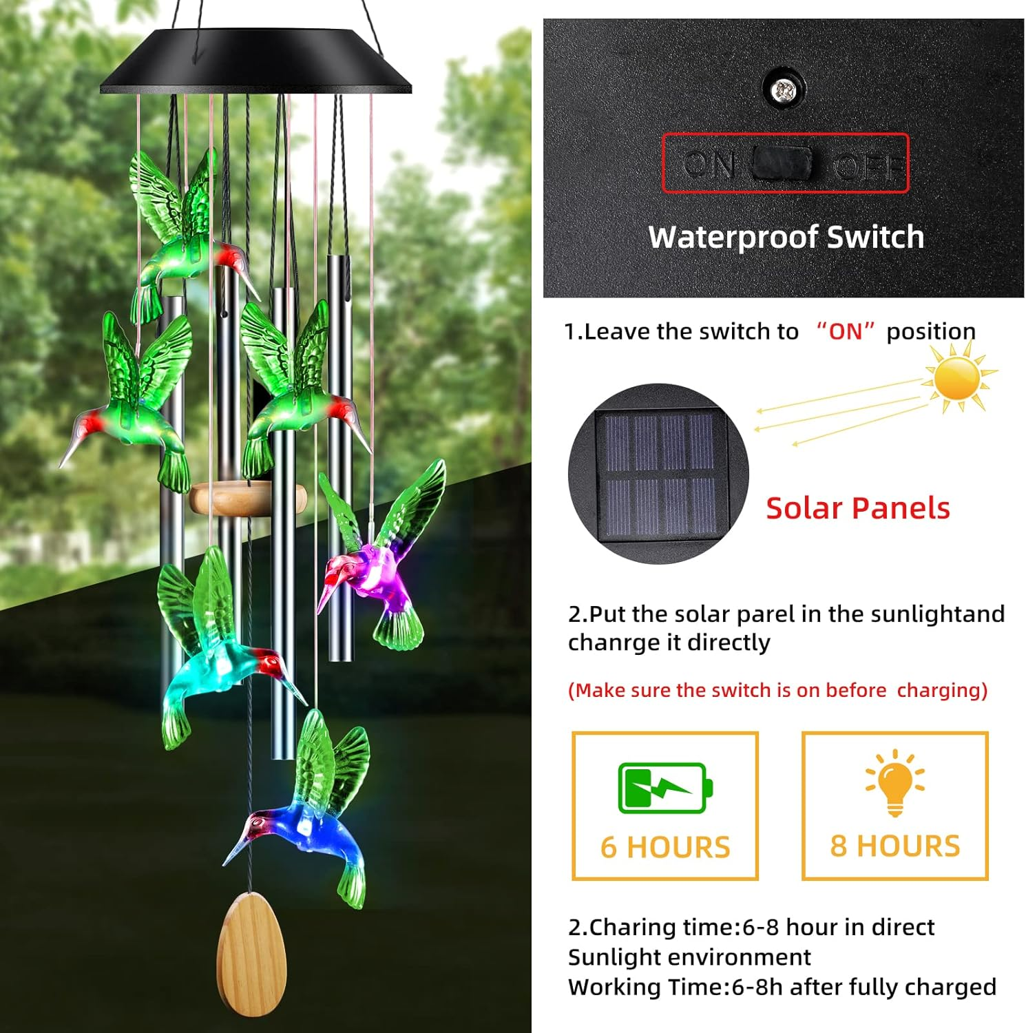 Desgully Wind Chimes,Hummingbird Solar Wind Chimes for Outside,Aluminum Tubes Memorial Wind Bell for Garden/Patio Decor Thanksgiving Gifts for Mom, Wife, Grandma Neighbors(25 Inch Deep Tone) image number 3