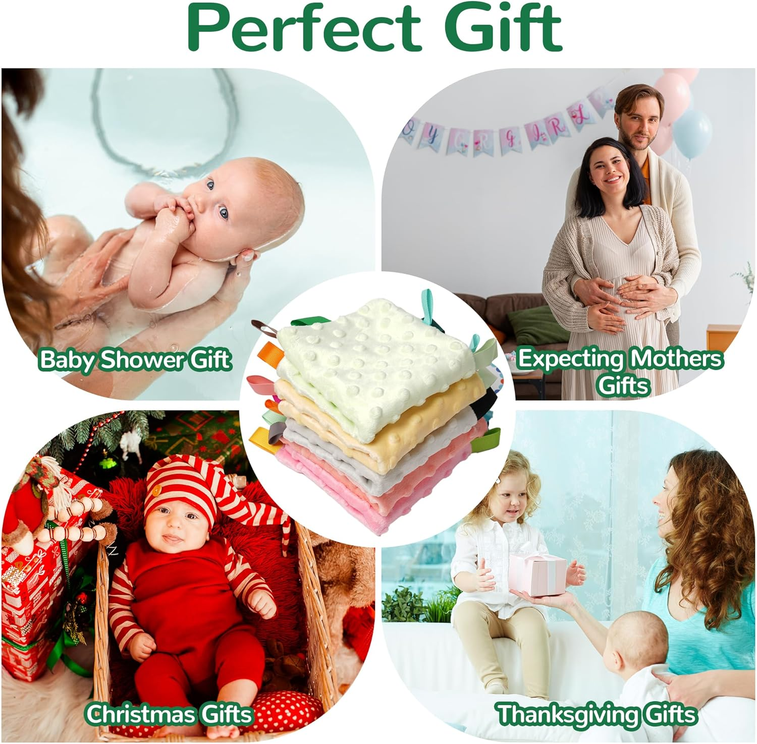 Baby Tags Security Blankets - Baby Soothing Plush Blanket with Colorful Tags, 10"X10" Square Sensory Toys, Lovey for 3 Months+ Babies Boys and Girls (Blue) image number 1