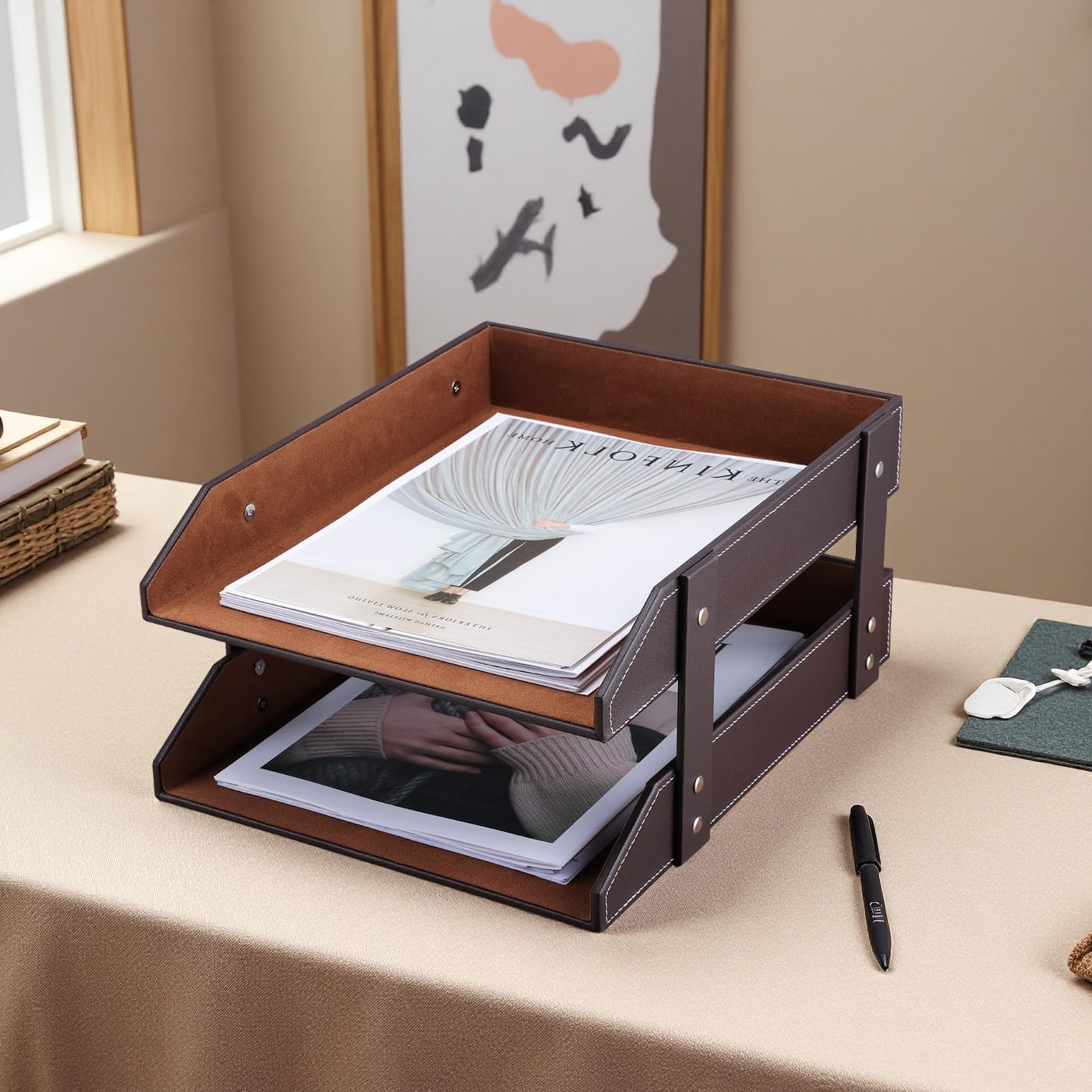 KINGFOM Office Desktop Files Collection Letter Tray A4 Print Papers Document Holder Leather Wooden Structure 2 Trays (Brown) A230-Brown