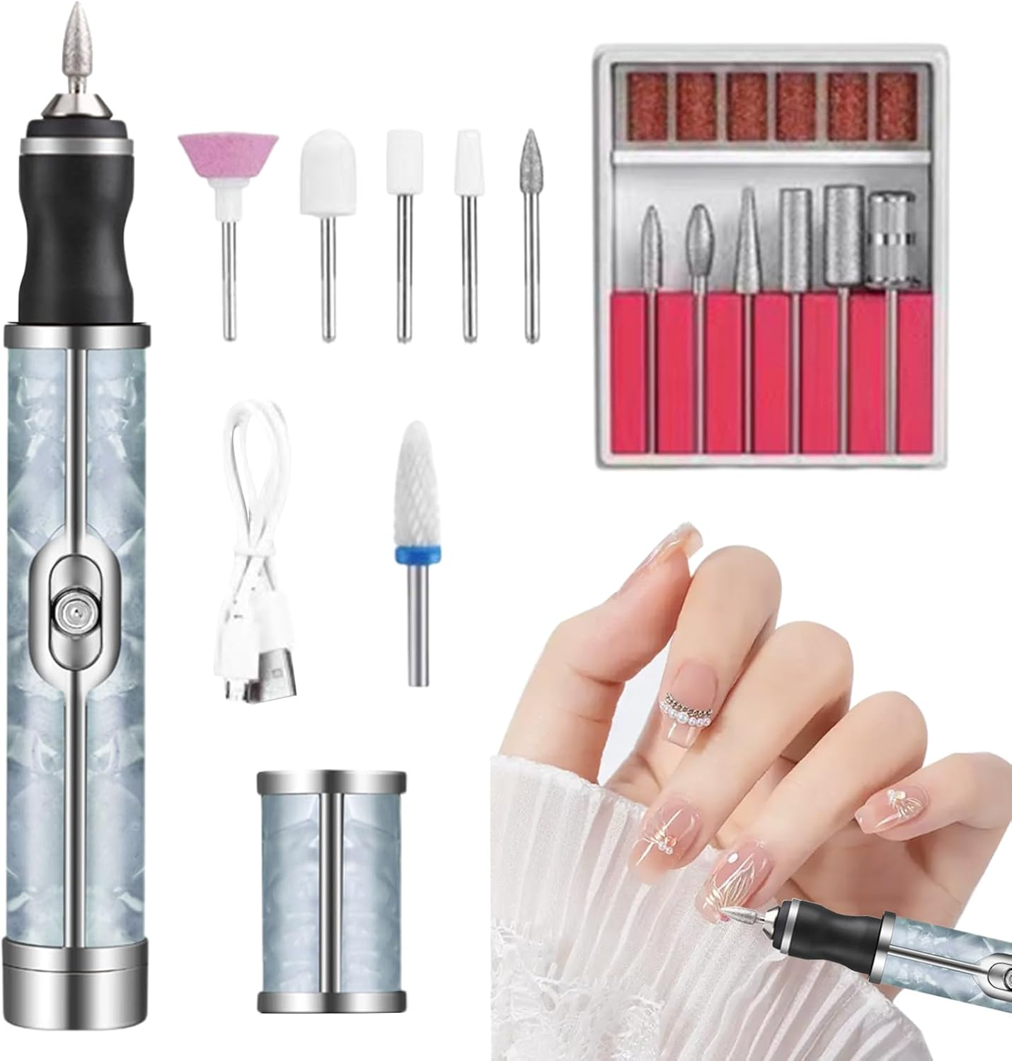 Acunny Nail Drill Kit Nail Drill Electric Nail Drill 20000Rpm Nail File Machine Professional Rechargeable Manicure Accessories USB Pedicure Tool for Nail Art