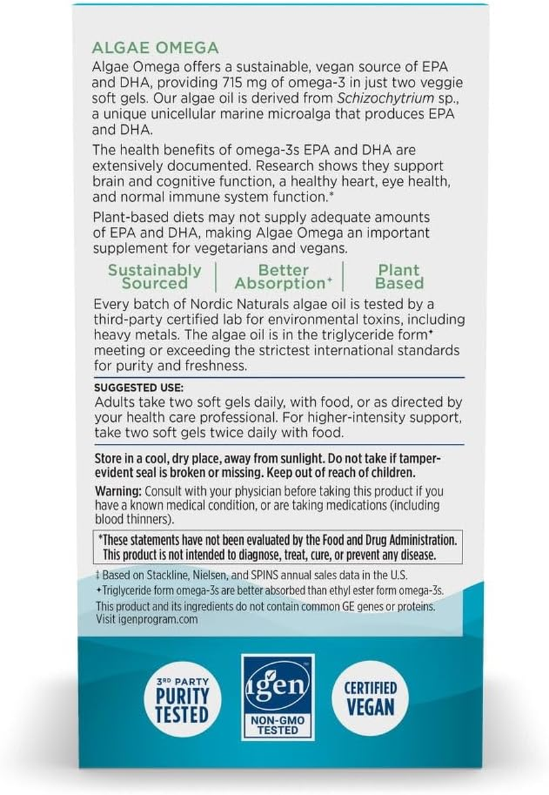 Nordic Naturals Algae Omega, 715Mg Omega 3, 120 Softgels image number 1