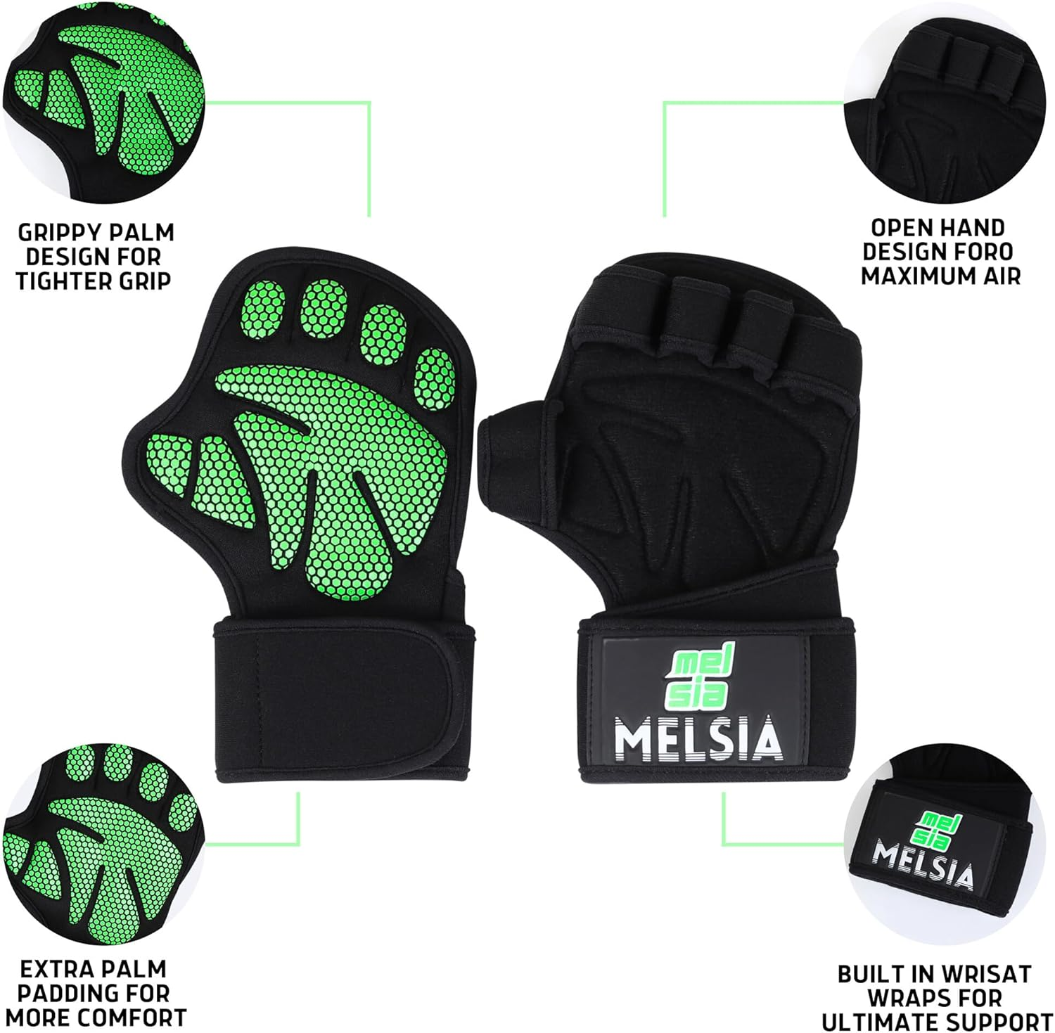MELSIA Gym Gloves for Men and Women - Weightlifting Workout Gloves with Buit-In Wrist Wrap Support for Pull-Ups, Powerlifting Training - Ergonomic Palm Padding & Super-Strong Silicone Grip image number 3