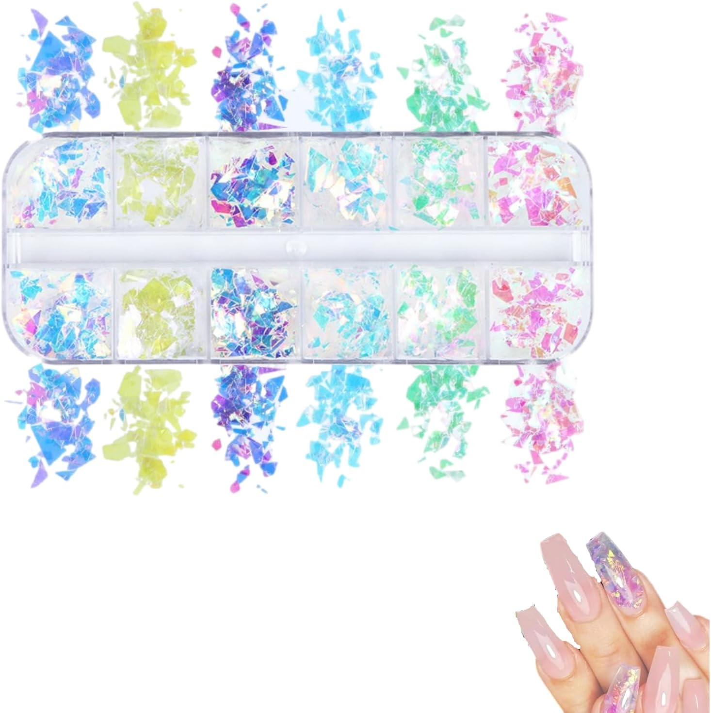 Kalione 12 Grids Holographic Iridescent Glitter Nail Art Sequins, 3D Irregular Ultra Thin Sparkly Flake Designs, Shiny Mermaid Confetti Acrylic for Women Manicure Tips Decorations