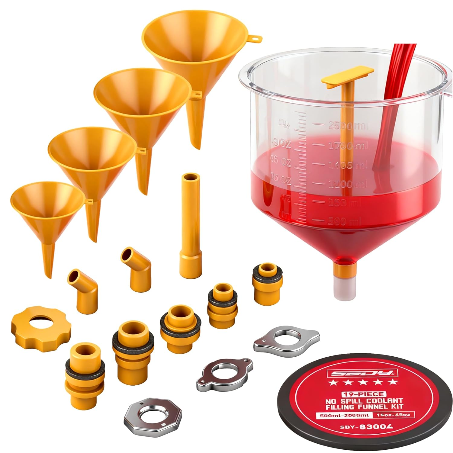 SEDY 19-Pieces No Spill Coolant Filling Funnel Kit, Spill Proof Radiator Funnel Bleeder with Adapters.General-Purpose image number 6