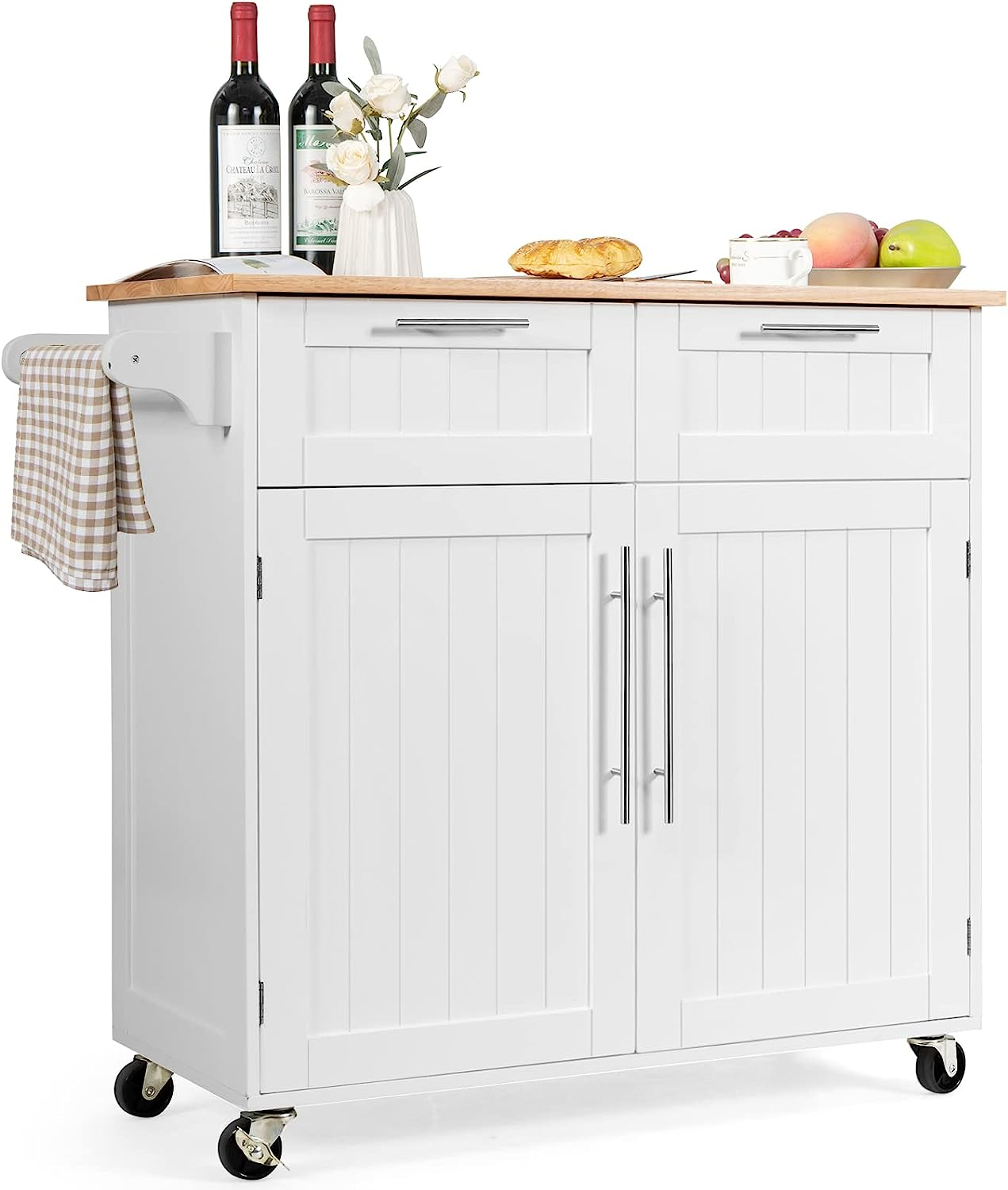 Giantex Kitchen Island Cart with Side Towel Bar, 2 Drawers, 2 Door Cabinet, Rolling Storage Trolley Cart with Rubber Wood Top & Lockable Casters, Perfect for Dining Room, Kitchen, Restaurant (White)