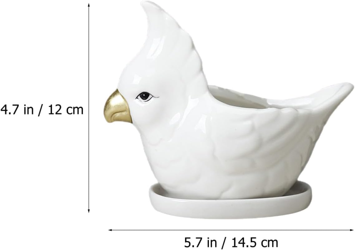 SEWACC Ceramic Succulent Flowerpot Set with White Parrot Design and Saucer, Creative Cartoon Animal Planter Pot for Indoor Gardening and Green Plant Decoration image number 6