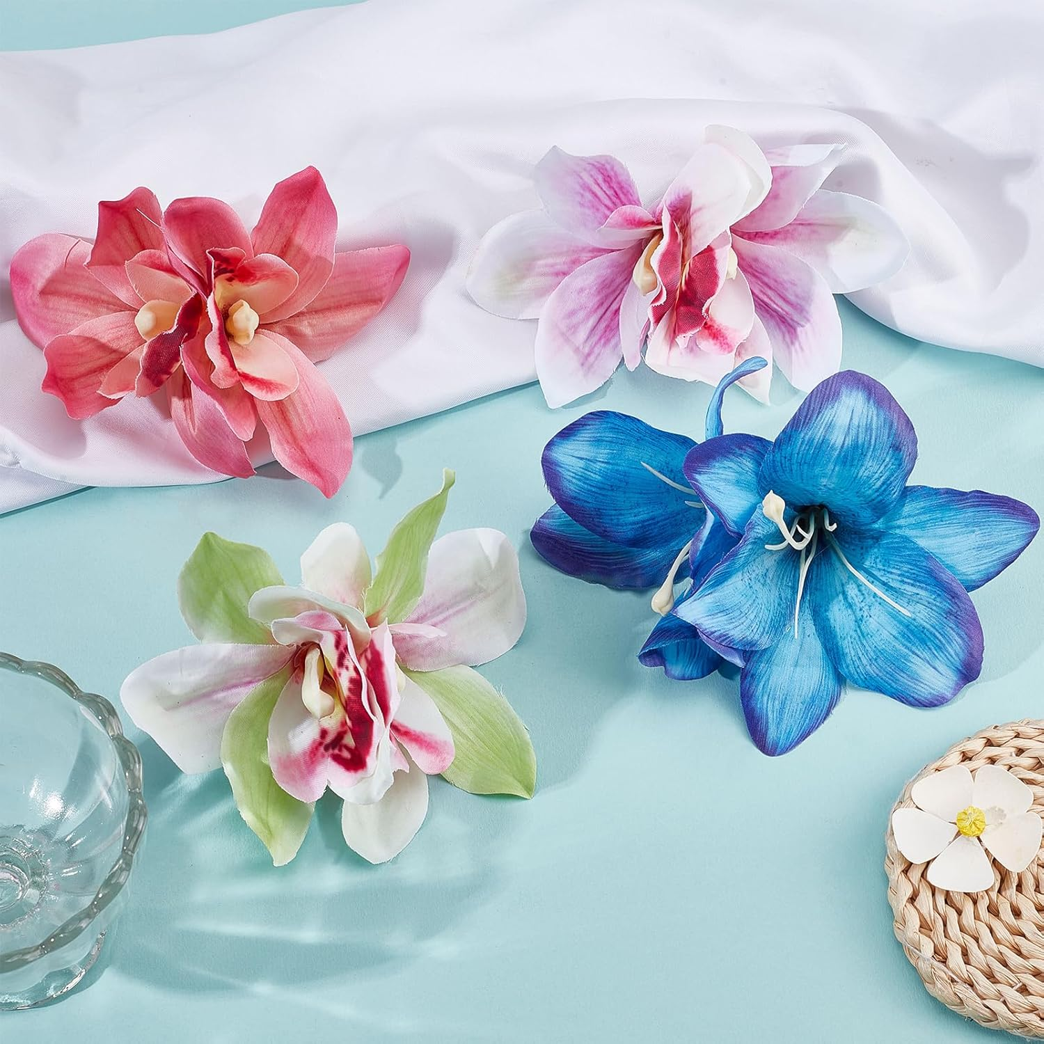 NICENEEDED 4 PCS Hawaiian Flower Hair Clips for Women, Artificial Orchid Hair Barrettes Hibiscus Tropical Decorations, Boho Clip for Wedding Bridal Beach Party image number 2