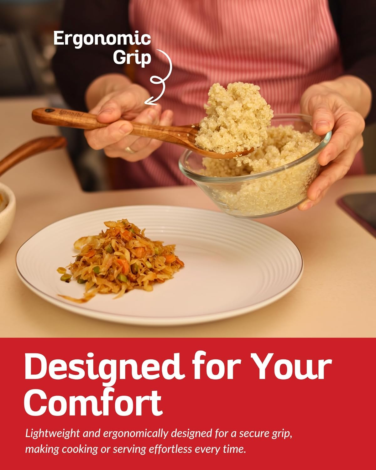 Luxury Teak Wood Utensil Set - Elegant 6-Piece Cooking Ensemble Including Spoons, Server, Scraper & Spatula - Expertly Crafted for Culinary Excellence image number 2