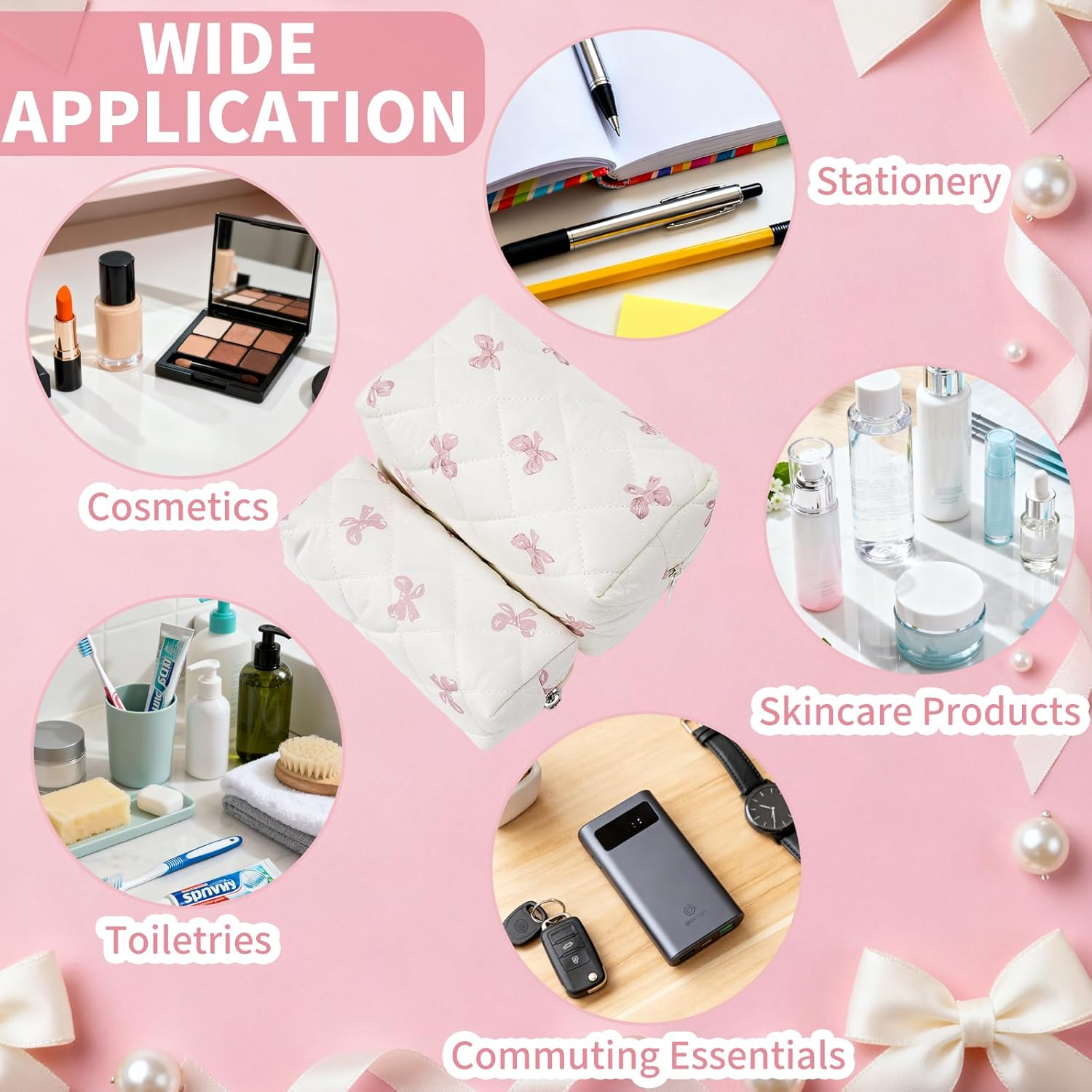 Pack of 2 Cosmetic Bags, Butterfly Knot Pattern Make up Bag with Zip, Soft Cotton Material Makeup Bag, Toiletry Bag for Women, Travel, Everyday, School (Cream White) image number 5