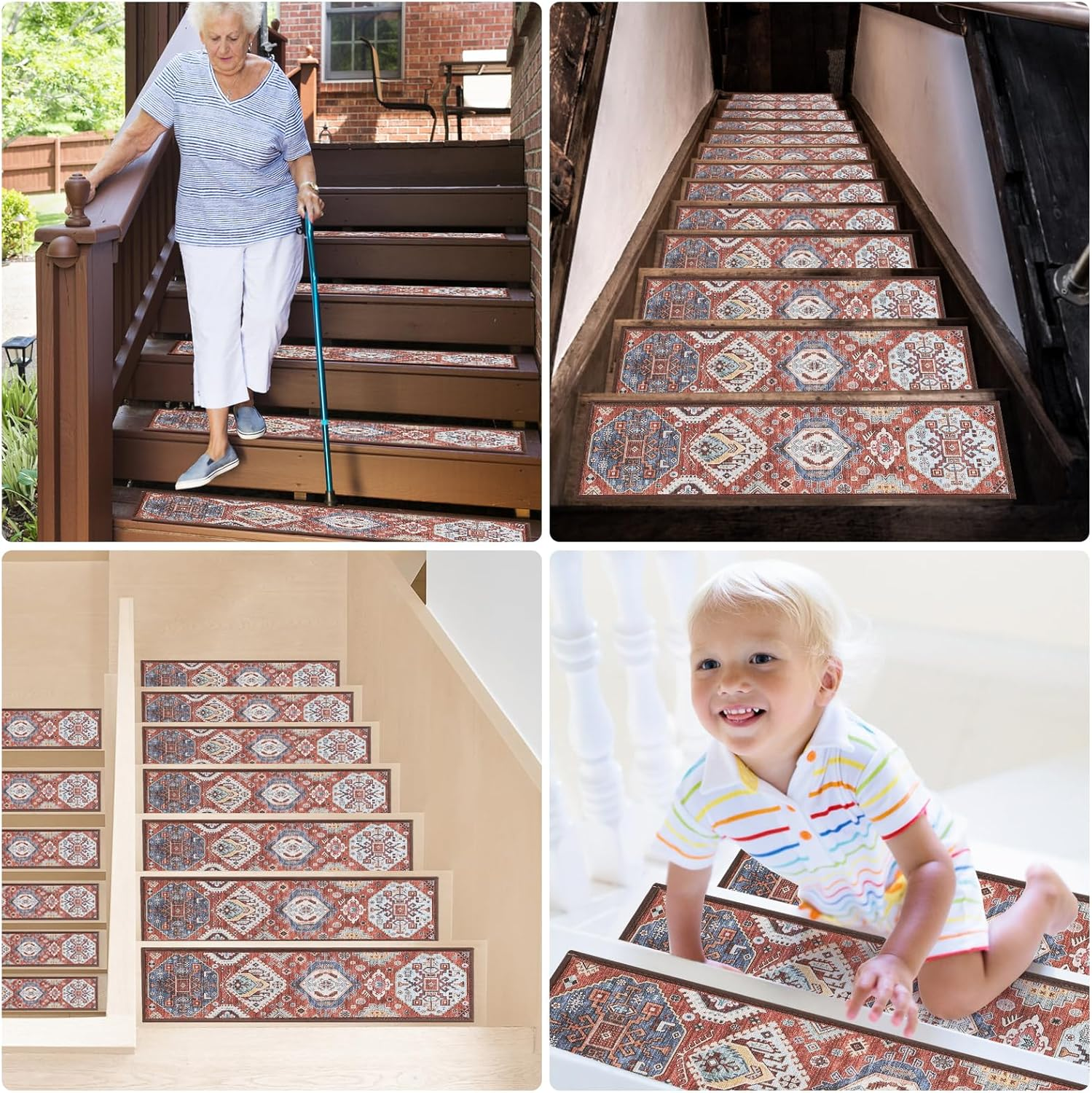 YWAQMCT Non-Slip Stair Pads, 15PCS Wood Stair Treads Carpe, anti Moving Modern Stair Rubber Mat Runner Safety for Kids Dogs, 8" X 30" (15Pcs, Red) - Brown image number 2