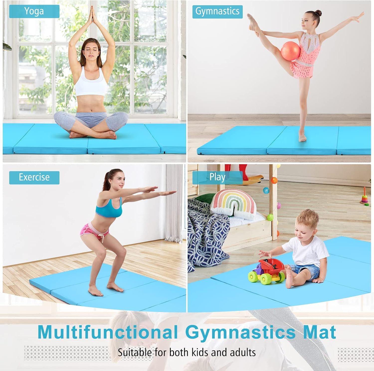 Costway Folding Gymnastics Mat, 240 Cm X 116 Cm X 5 Cm Exercise Tumbling Mat W/ Carrying Handles for Home Gym Fitness, Portable Extra Thick Panel Mat for Kids Play, Aerobics Workout, Yoga, Muscle Stretching image number 5