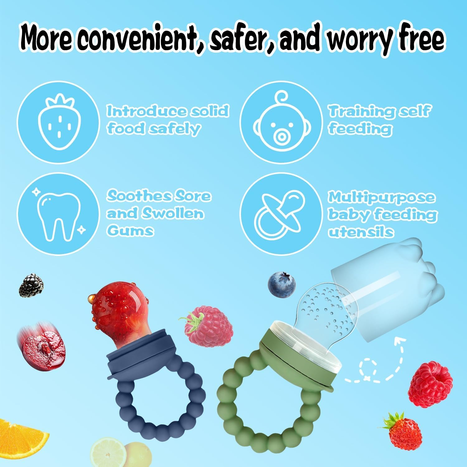 Baby Silicone Fruit Food Feeder Pacifier, 2 Pack Freezer Tray Set for Babies-Breastmilk Storage Container and Freezer Tray-Teething Popsicle Molds for Soothing Relief image number 1