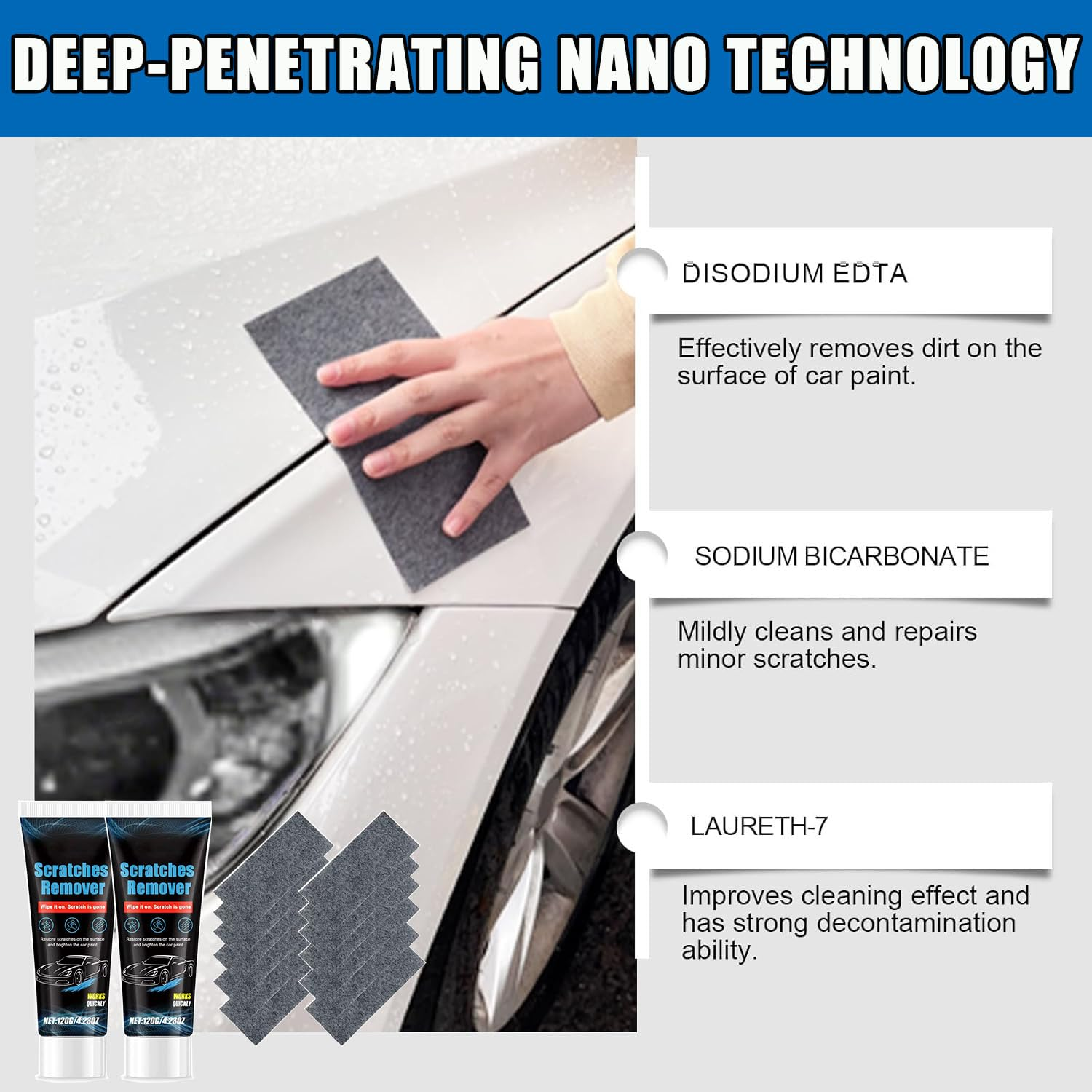 2 Pack Nano Sparkle Cloth Car Scratch Remover, Magic Wipes Cleaning Cloth Car Scratch Repair Paste- Easy to Repair Paint Scratches, Removes Swirls & Water Spots image number 1