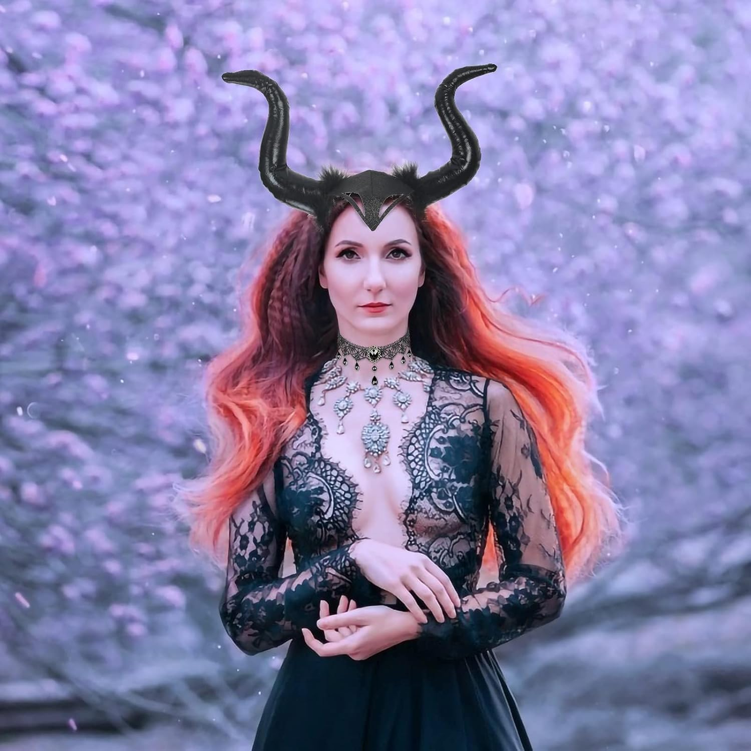 LAMEK 2 X Queen Horns Headpiece Women'S Halloween Headband with Gothic Retro Lace Necklace Devil Horns Costume Evil Headband Black Hairband for Carnival Masquerade Cosplay - B-Black Horns image number 6