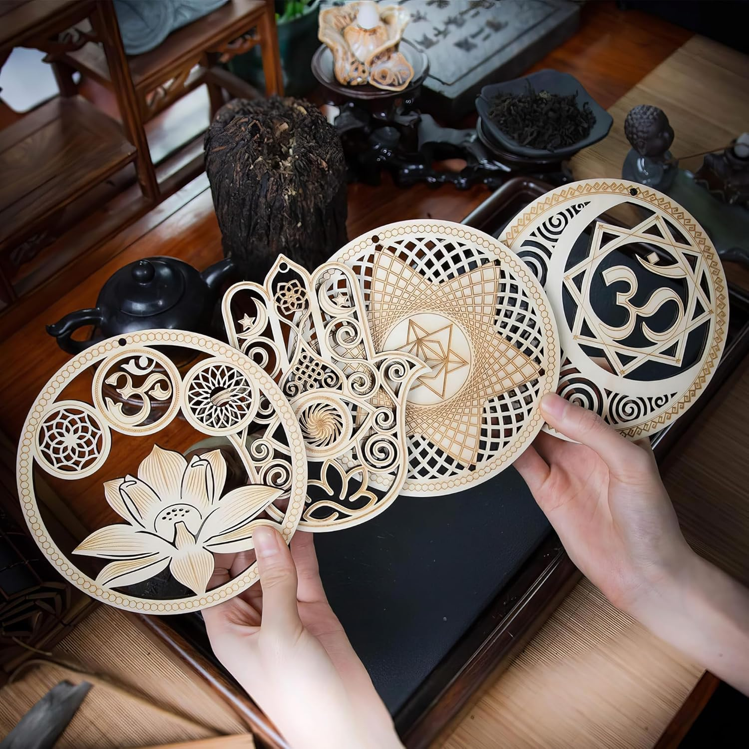 Sacred Geometry Wooden Wall Art Set - Lotus Hamsa Ohm Merkaba Meditation Decor & Coasters image number 1