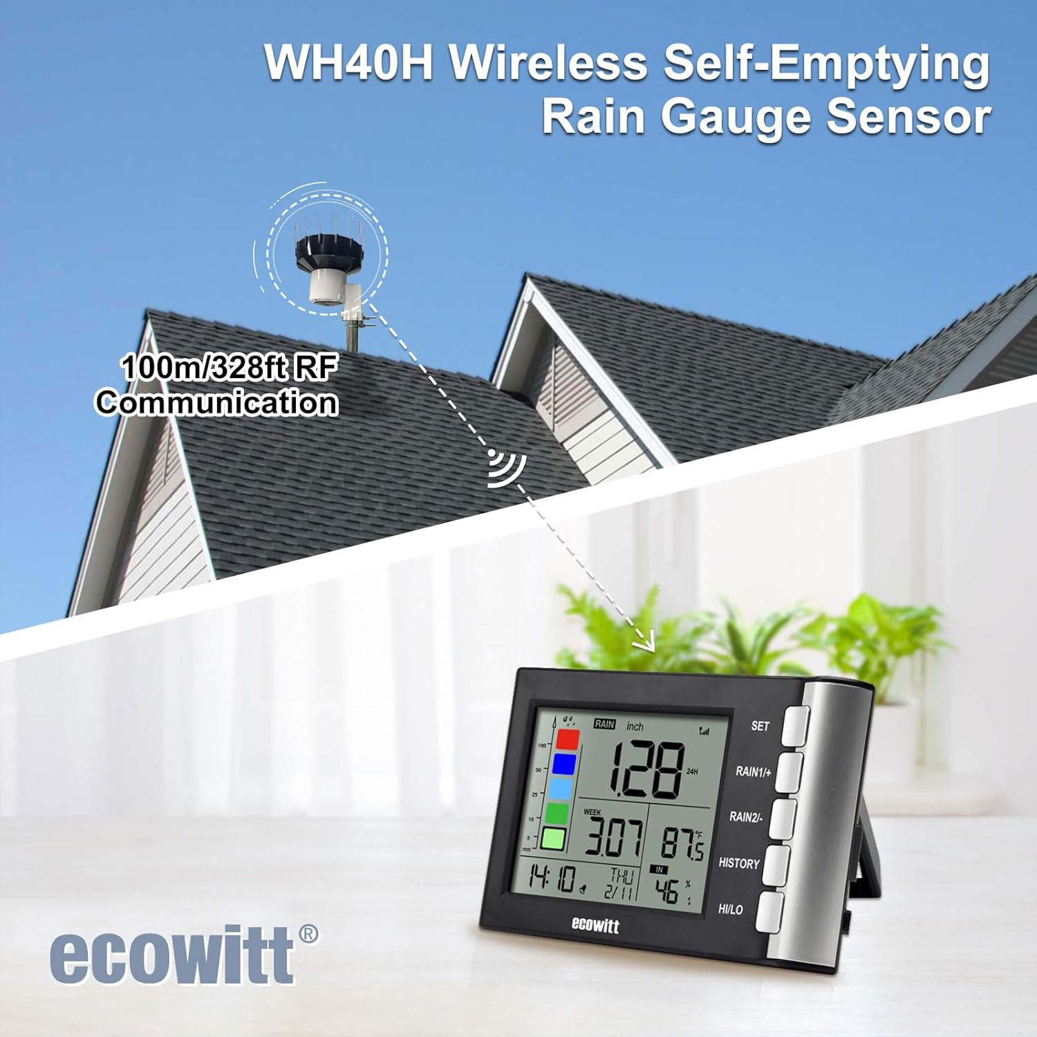 ECOWITT WH5360CH Rain Gauge, Includes WH40H Rain Collector Sensor and Indoor Display Console, 433 Mhz image number 6