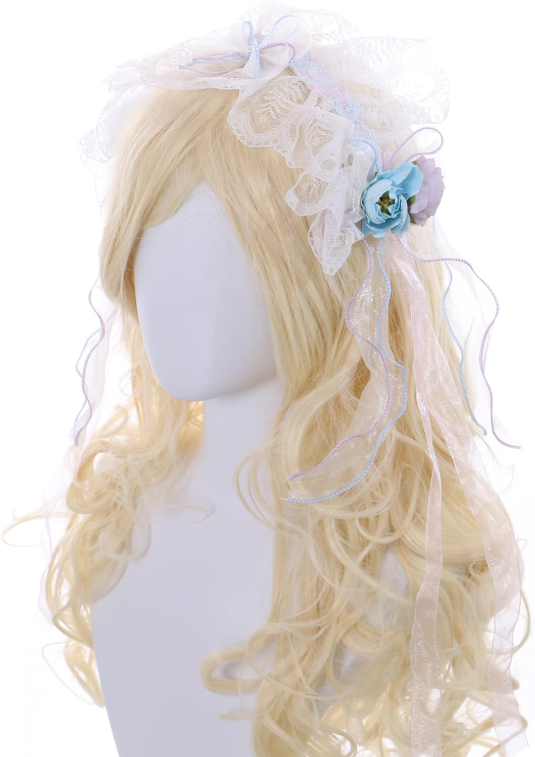 C-106 White Headband with Blue Purple Flowers Bow Lace Ruffle Gothic Lolita Maid Party Celebration Hair Accessories Head Accessory image number 1