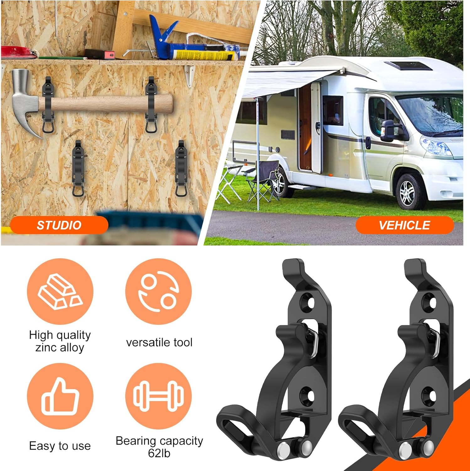 4Pcs Roof Rack Shovel Mount Kit Zinc Alloy Shovel Holder Clamp Metal Axe Holder Wall Mount Set Hammer Holder Bracket Clamp with Screws Quick Release for Shovel Axe(Black) - Black image number 6