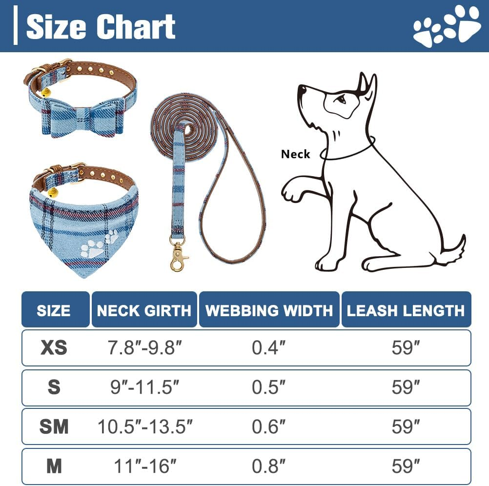 EXPAWLORER Dog Collar and Leash Set - Pawprint Plaid Collar with Bow Tie and Bell, Cute for Dogs and Cats, Blue S-M image number 4