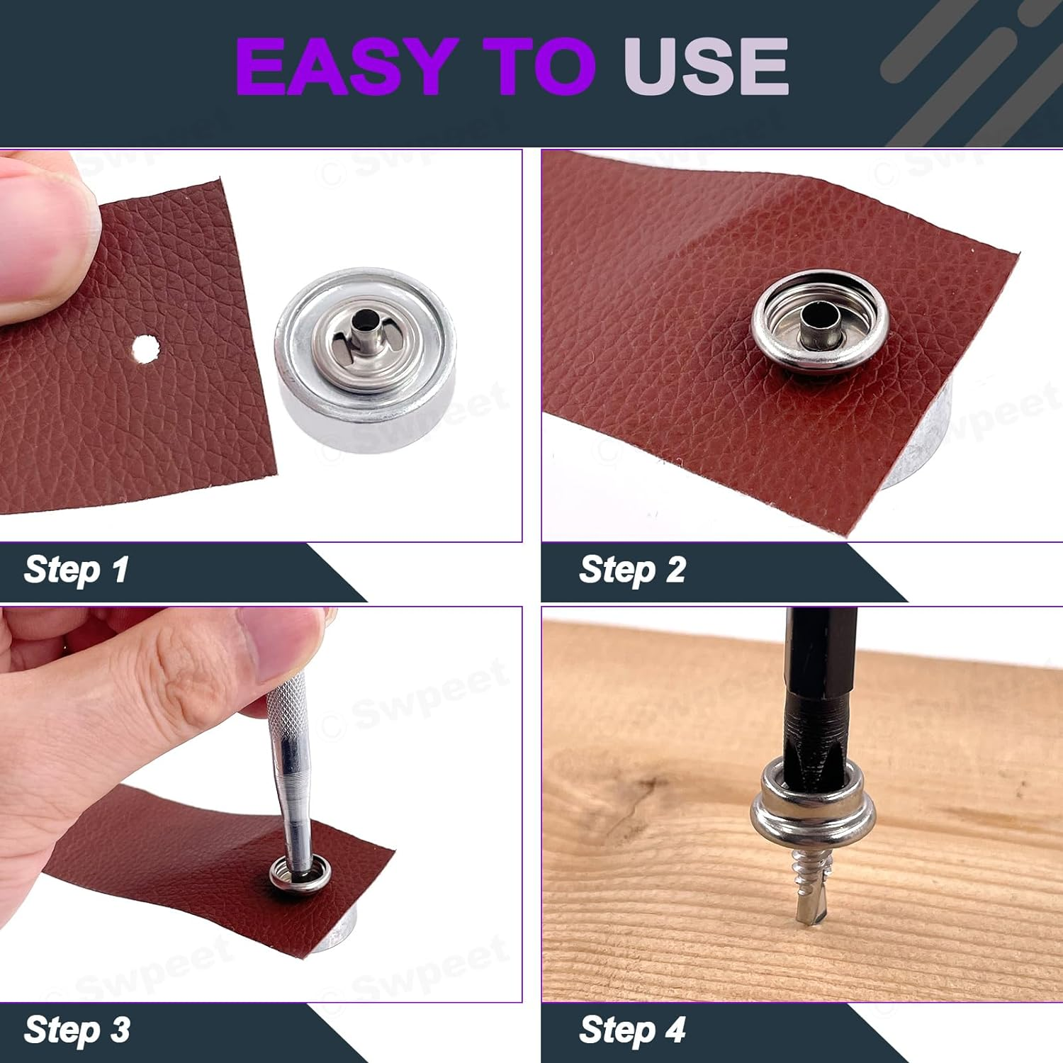 Swpeet 122Pcs Canvas Snap Kit, Stainless Steel Marine Grade Canvas and Upholstery Boat Cover Snap Button Fastener Kit Including 3/8" Sockets 13Mm Metal Screws Caps Anvil 3" Flaring Tool for Boat Cover image number 1