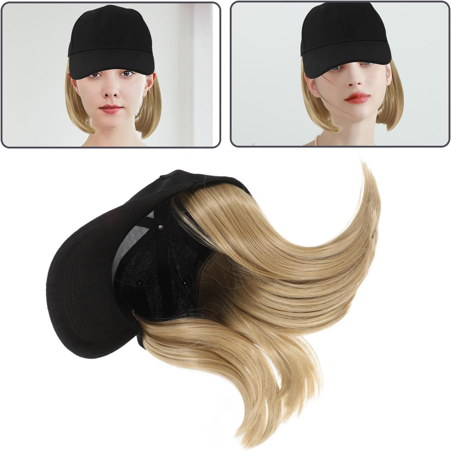 LALAFINA Baseball Cap with Hair Extensions, Wigs Cap Canvas Hat Straight Short Bob Hairstyle Adjustable Wig Hat Short Ponytail Baseball Wig Cap with Attached for Women image number 6