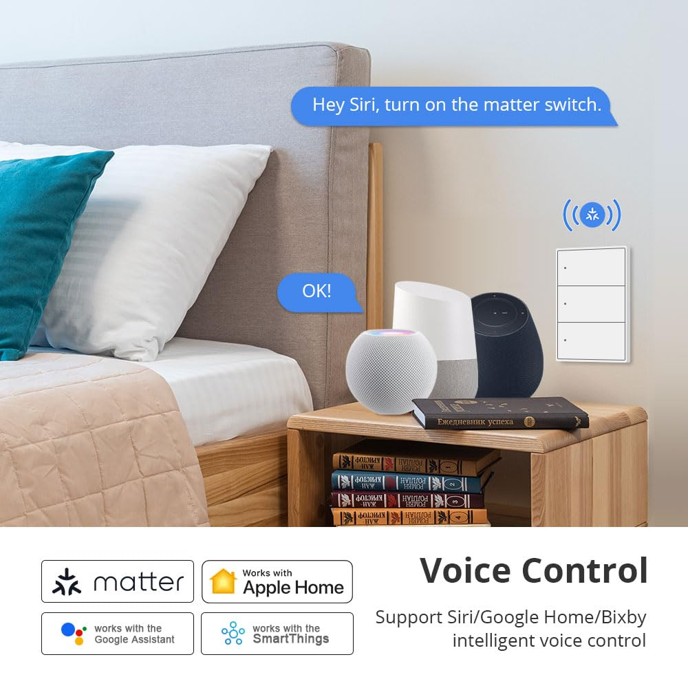 Matter Smart Light Switch, 2.4G Hz Wifi, Require Neutral Wire, Smart Switches for Lights Work with Home Smartthings Google Home App Control (2 Gang)