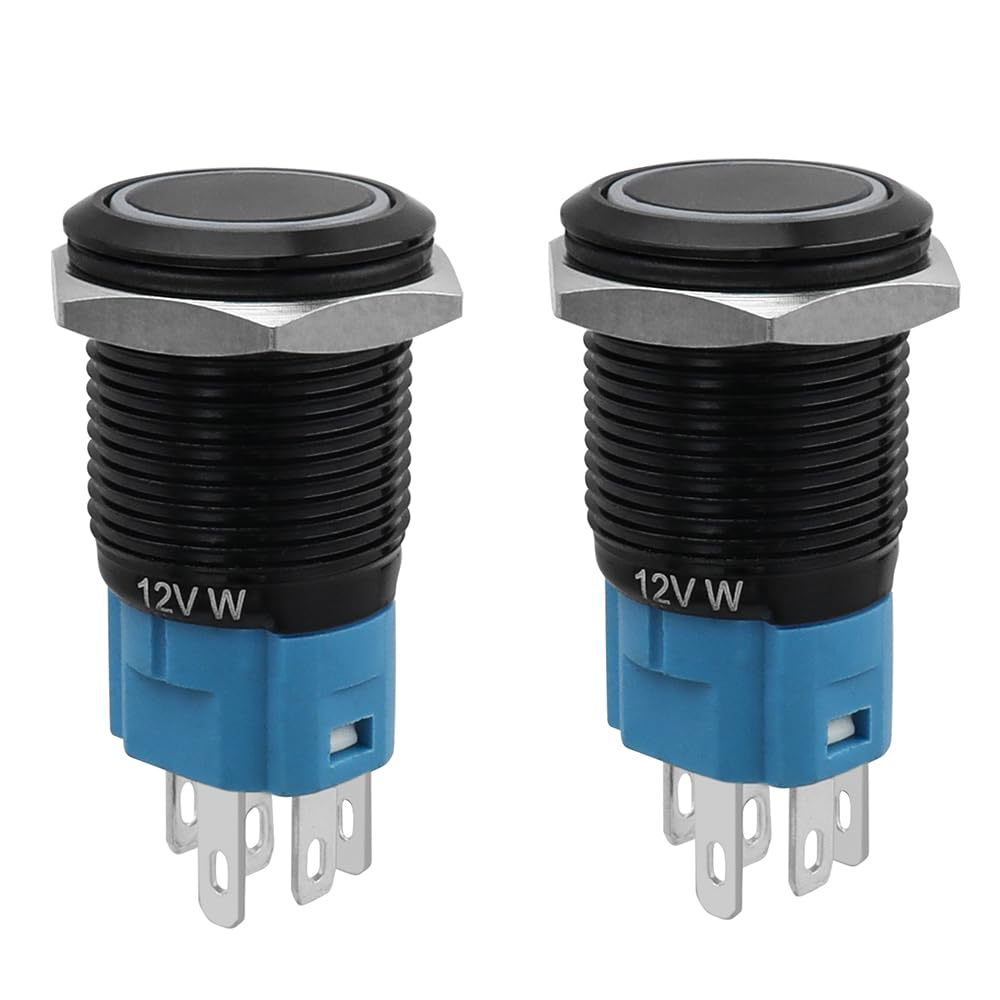 Yakamoz 2Pcs 16Mm Waterproof Latching Push Button Switches, 12V Self-Locking Button on off with Sockets White LED Wiring Harness for Automotive, Marine, Industrial Machinery and DIY.