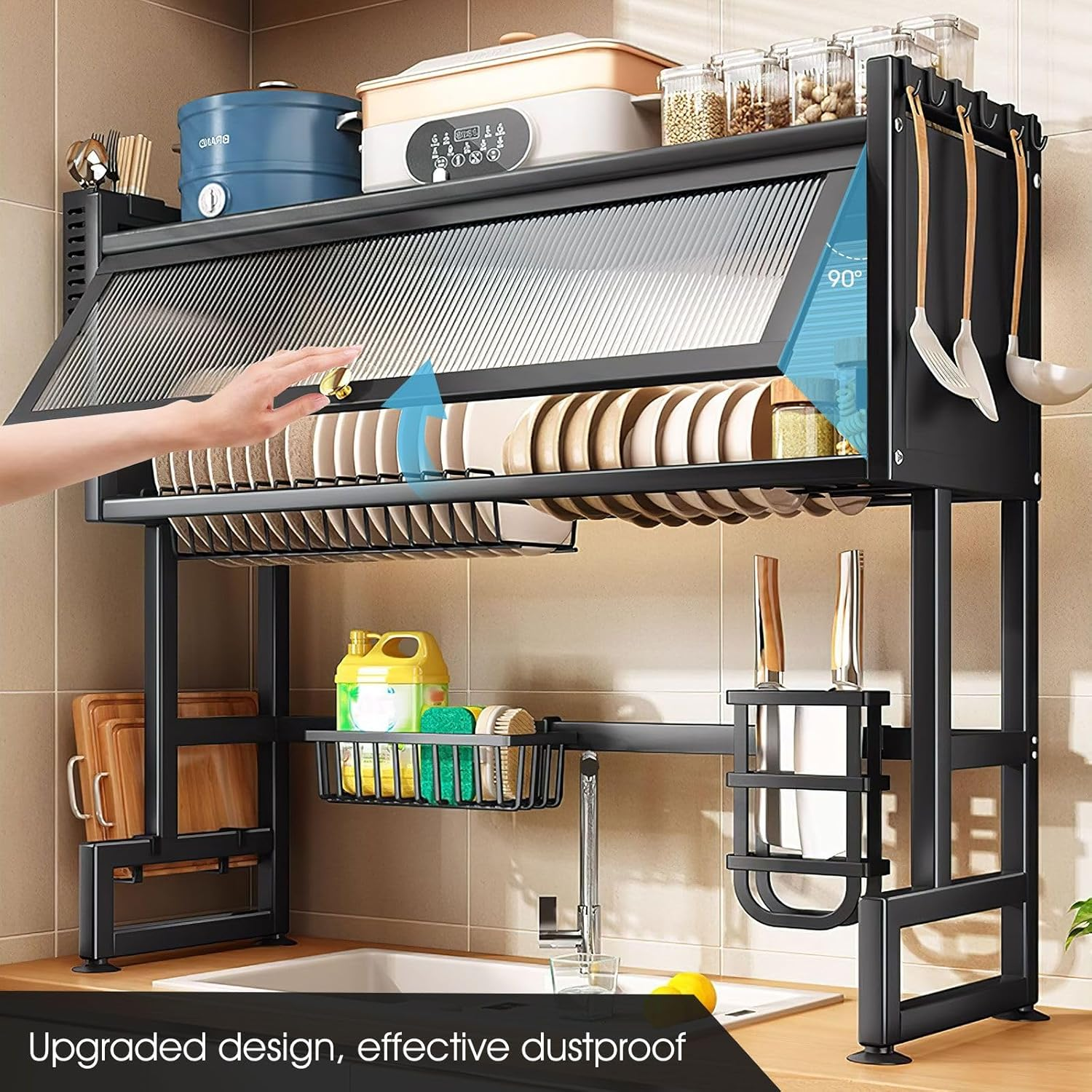 3 Tier over Sink Dish Rack Steel Dish Drainer Dish Drying Rack with Lid Kitchen Counter Storage Organization Adjustable Length 90-95Cm image number 5