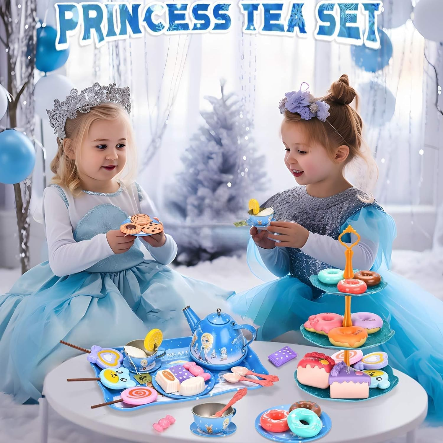 MINNOT Tea Party Set for Little Girls - Frozen Toys for Girls - Elsa Princess 46 Pack Kids Kitchen Pretend Toy with Tin Tea Set, Desserts & Carrying Case - Birthday Gift for Age 3 4 5 6 Year Olds image number 1