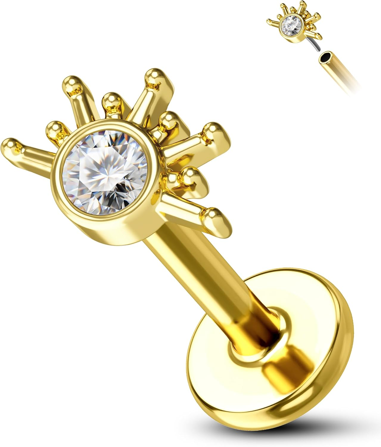 COCHARM Cute Sun Helix Cartilage Tragus Piercing Jewellery 16G 8Mm Titanium Post Flat Back Earring Stud Labret Bar for Women Silver Gold Threadless