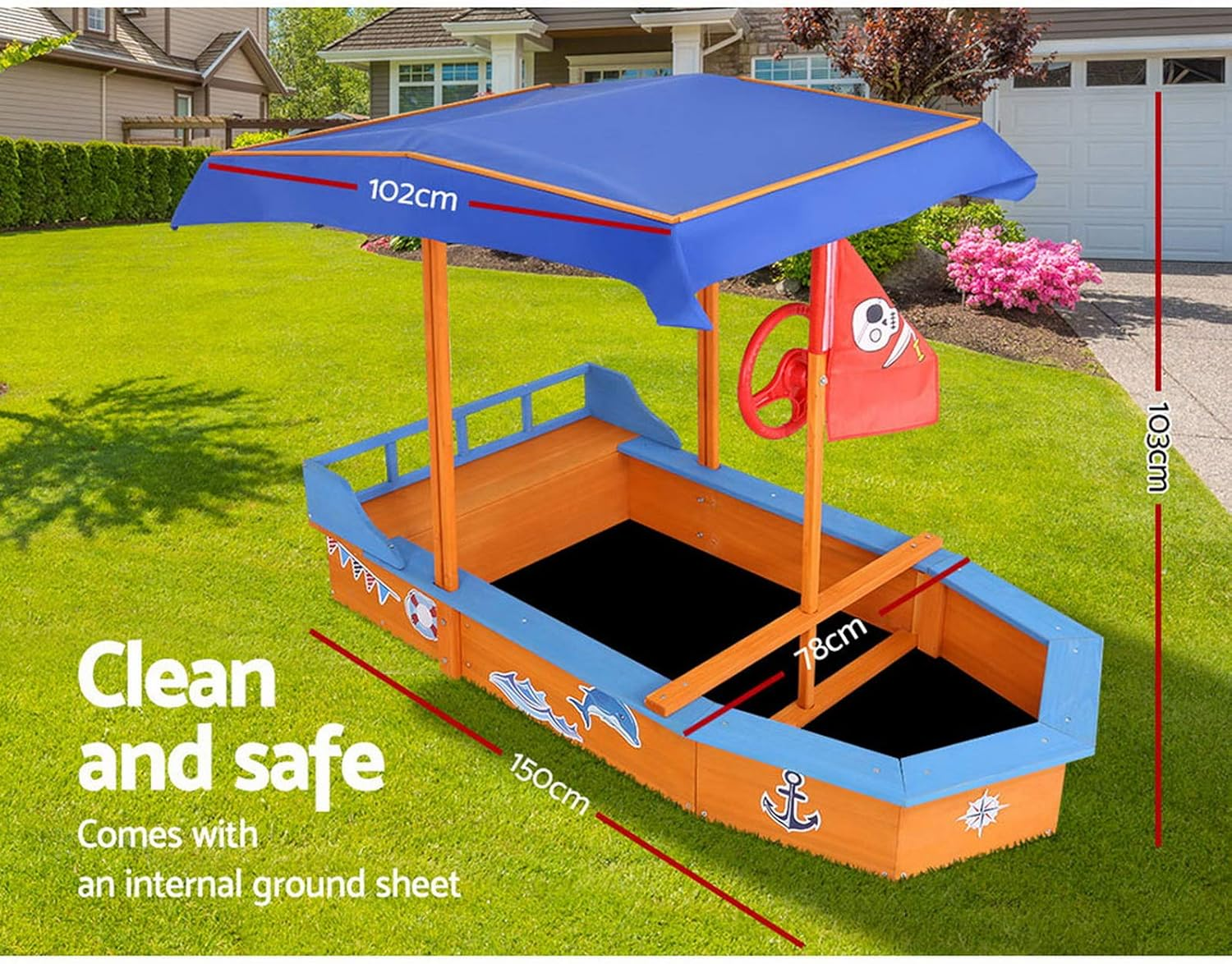Keezi Kids Sandpit, Wooden Water Table Sand Pit Play Toys Sandcastle Garden Patio Beach Activity Outdoor Toy Games, with Canopy Ground Sheet Steering Wheel Multi-Coloured